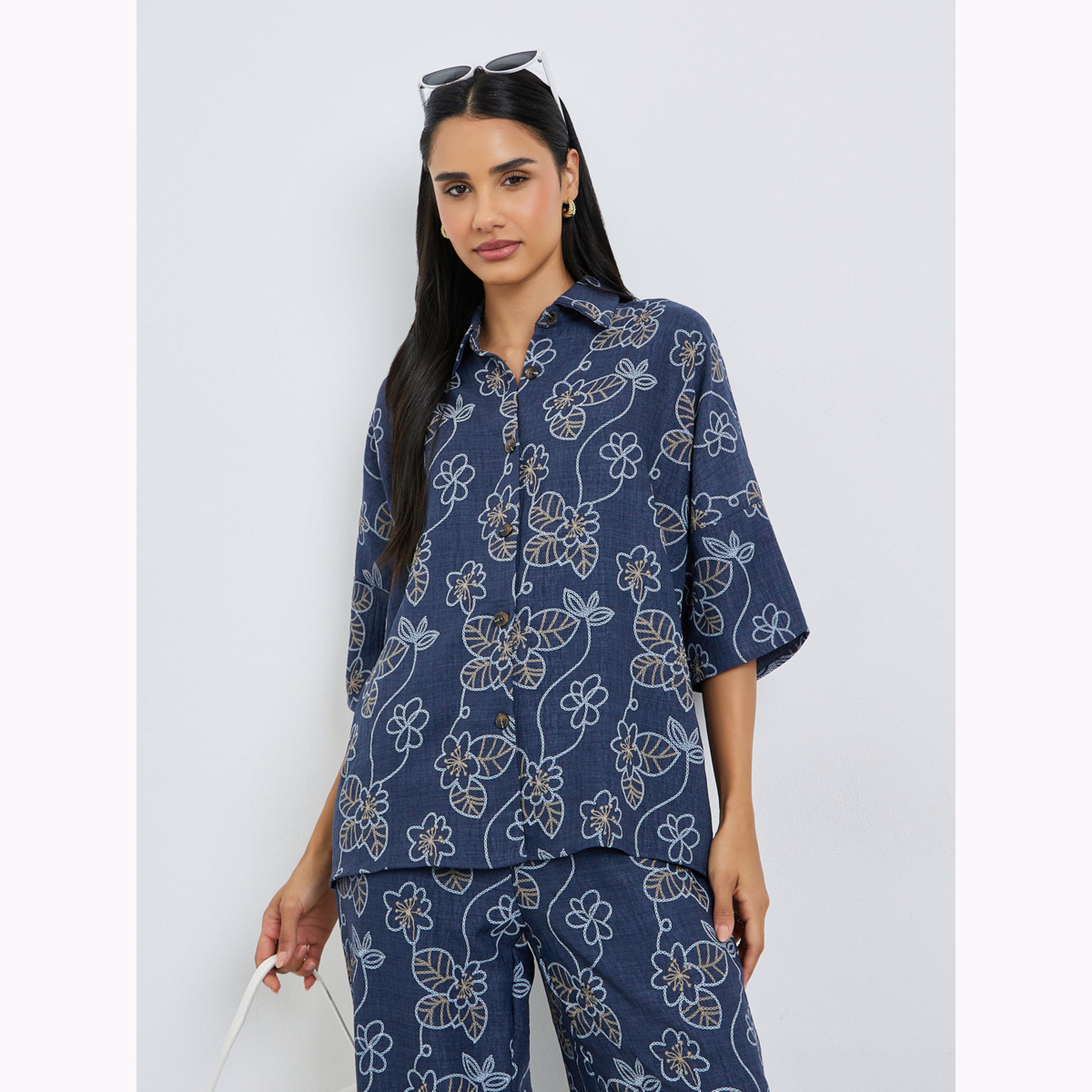 Styli Navy Blue Floral Print Shirt and Trousers Co-Ords-women-clothing-coordsets-image-2