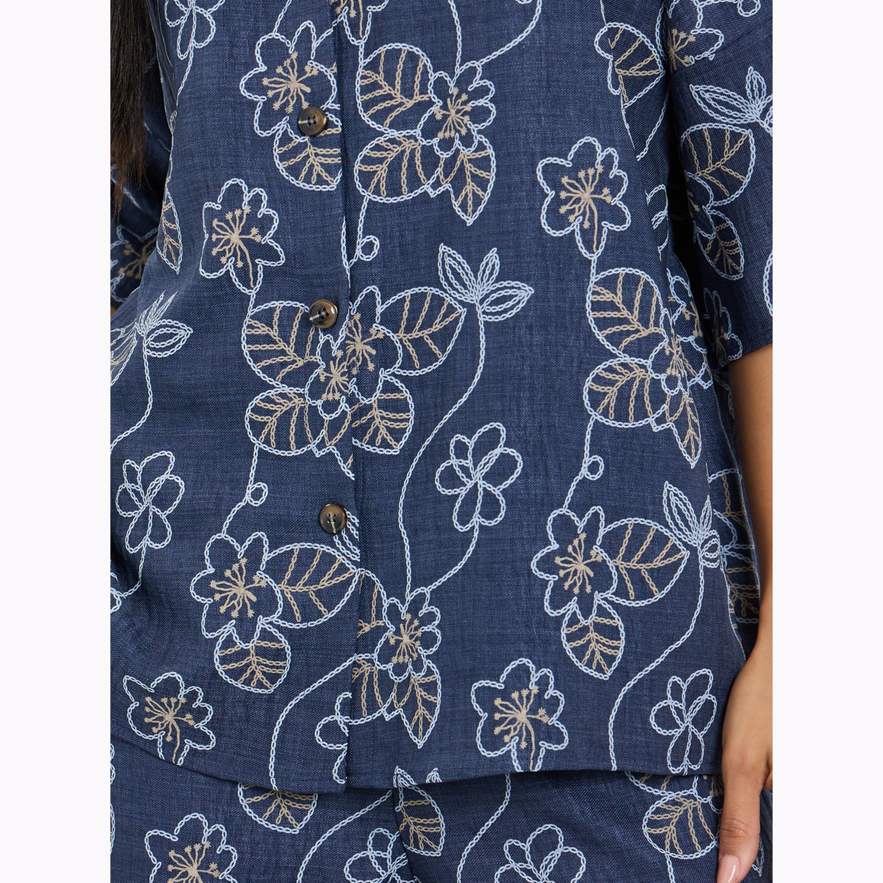 Styli Navy Blue Floral Print Shirt and Trousers Co-Ords-women-clothing-coordsets-image-6