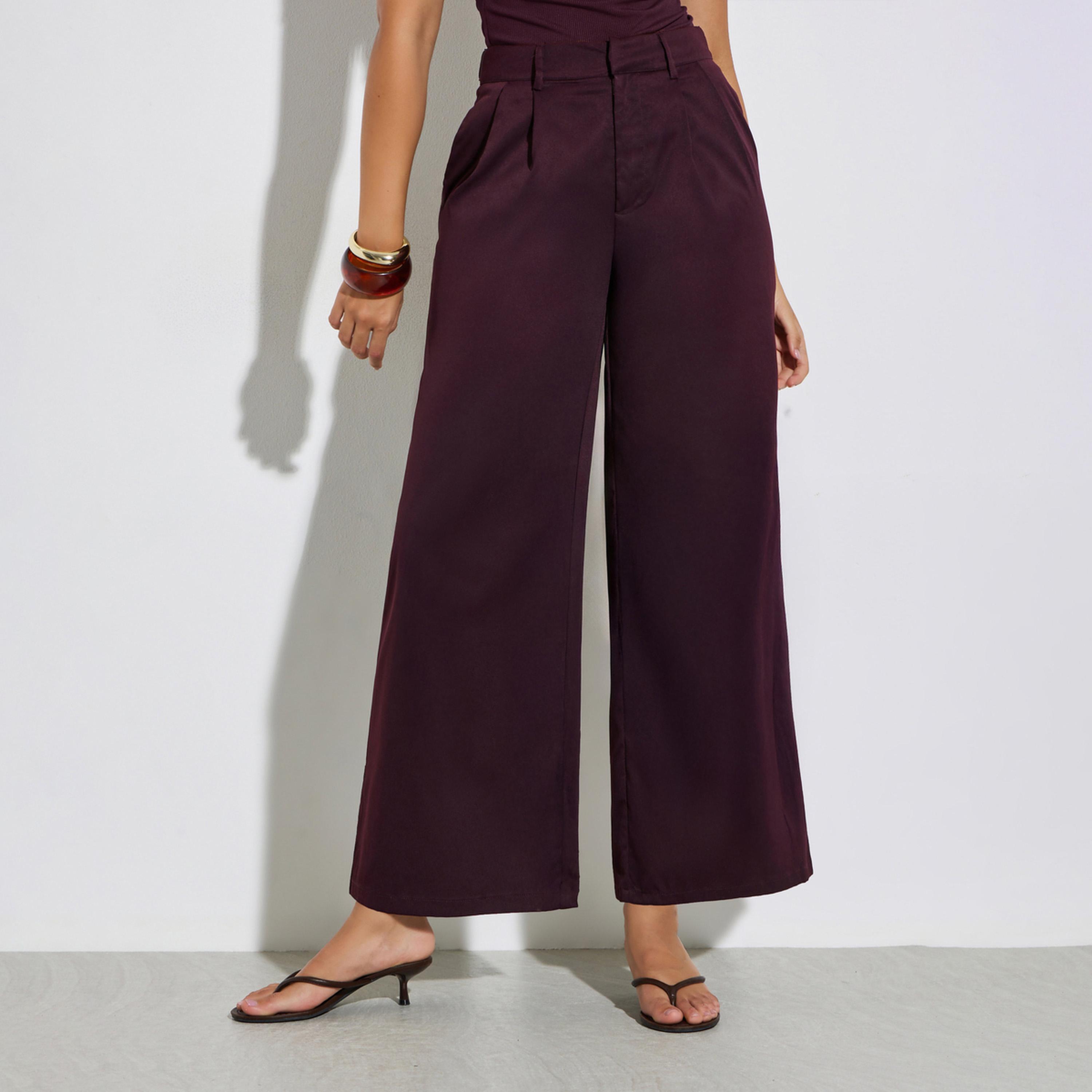 Styli Burgundy High Rise Wide Leg Trousers-women-clothing-bottoms-trousers-image-1