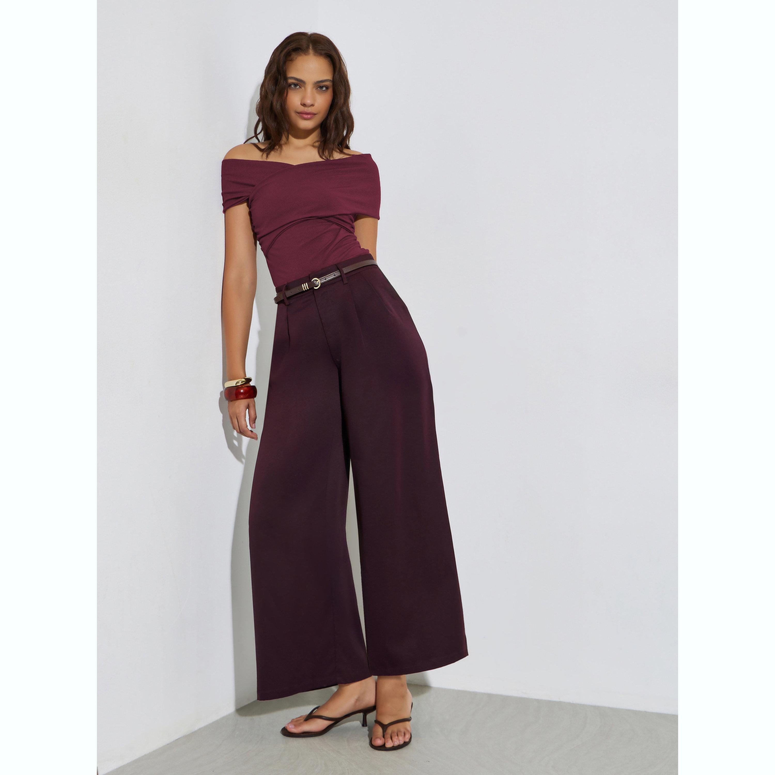 بنطال بأرجل واسعة وخصر مرتفع بلون برغندي-women-clothing-bottoms-trousers-image-2