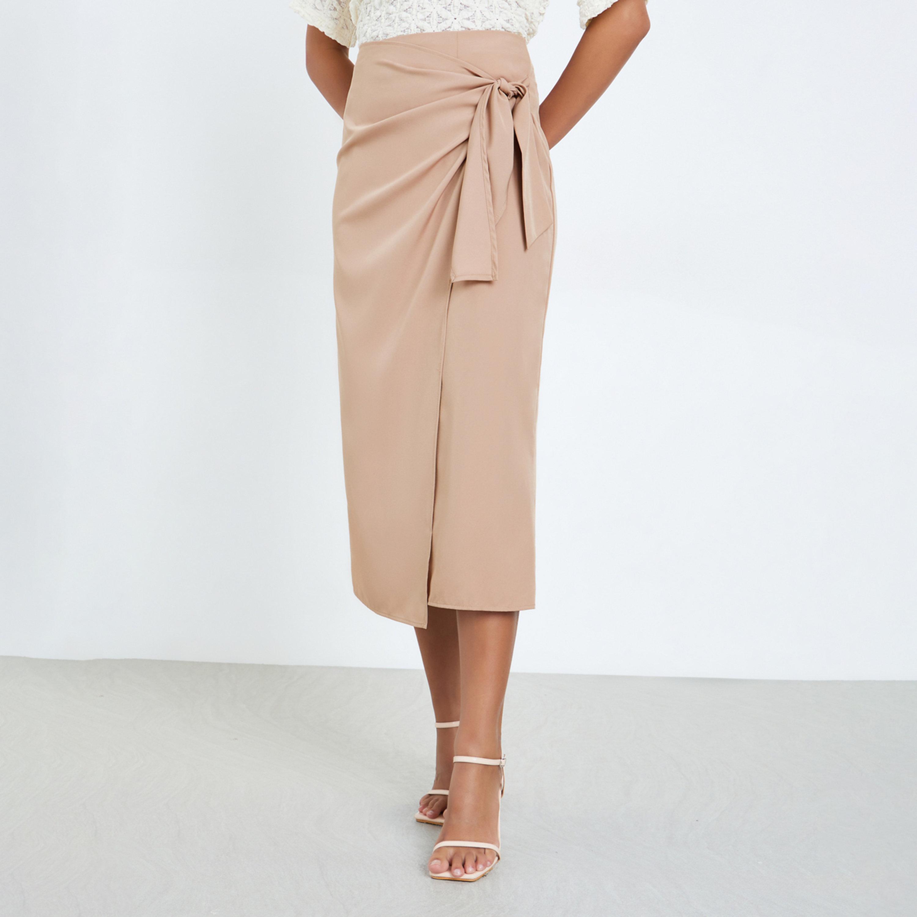 Styli Beige Tie-Up Wrap Front Midi Skirt-women-clothing-bottoms-skirts-image-1