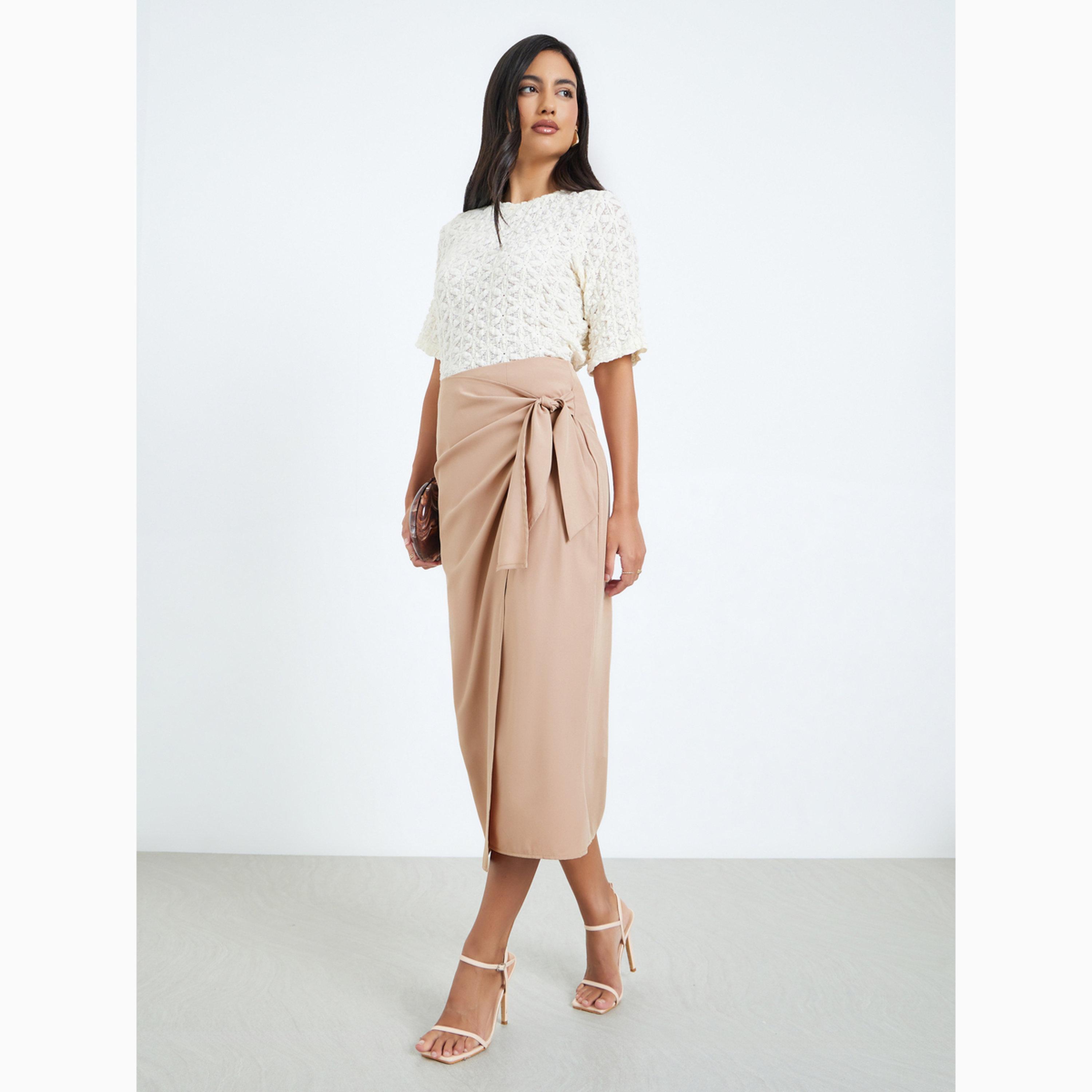 تنورة ميدي بنمط لف ورباط بيج-women-clothing-bottoms-skirts-image-2