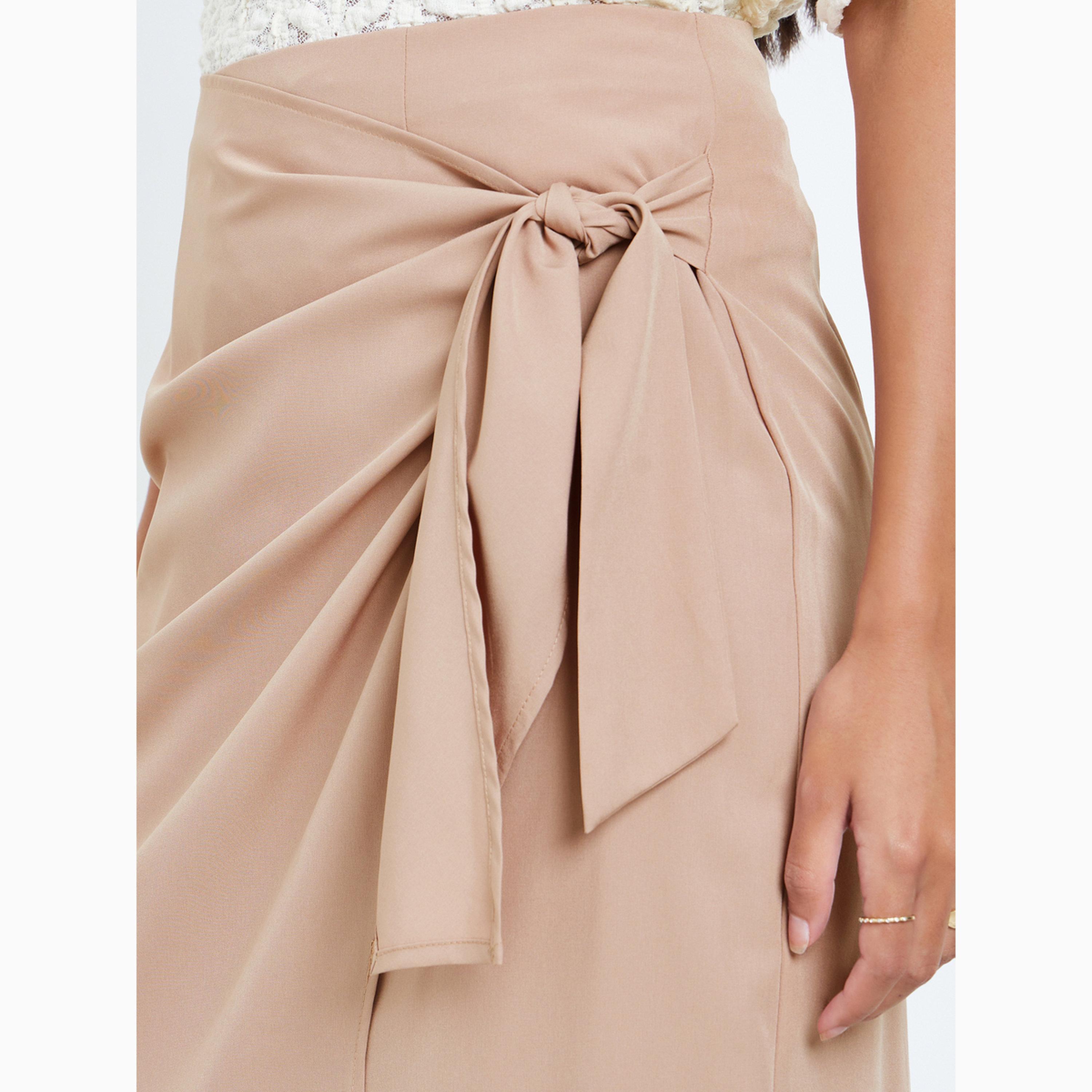 Styli Beige Tie-Up Wrap Front Midi Skirt-women-clothing-bottoms-skirts-image-3