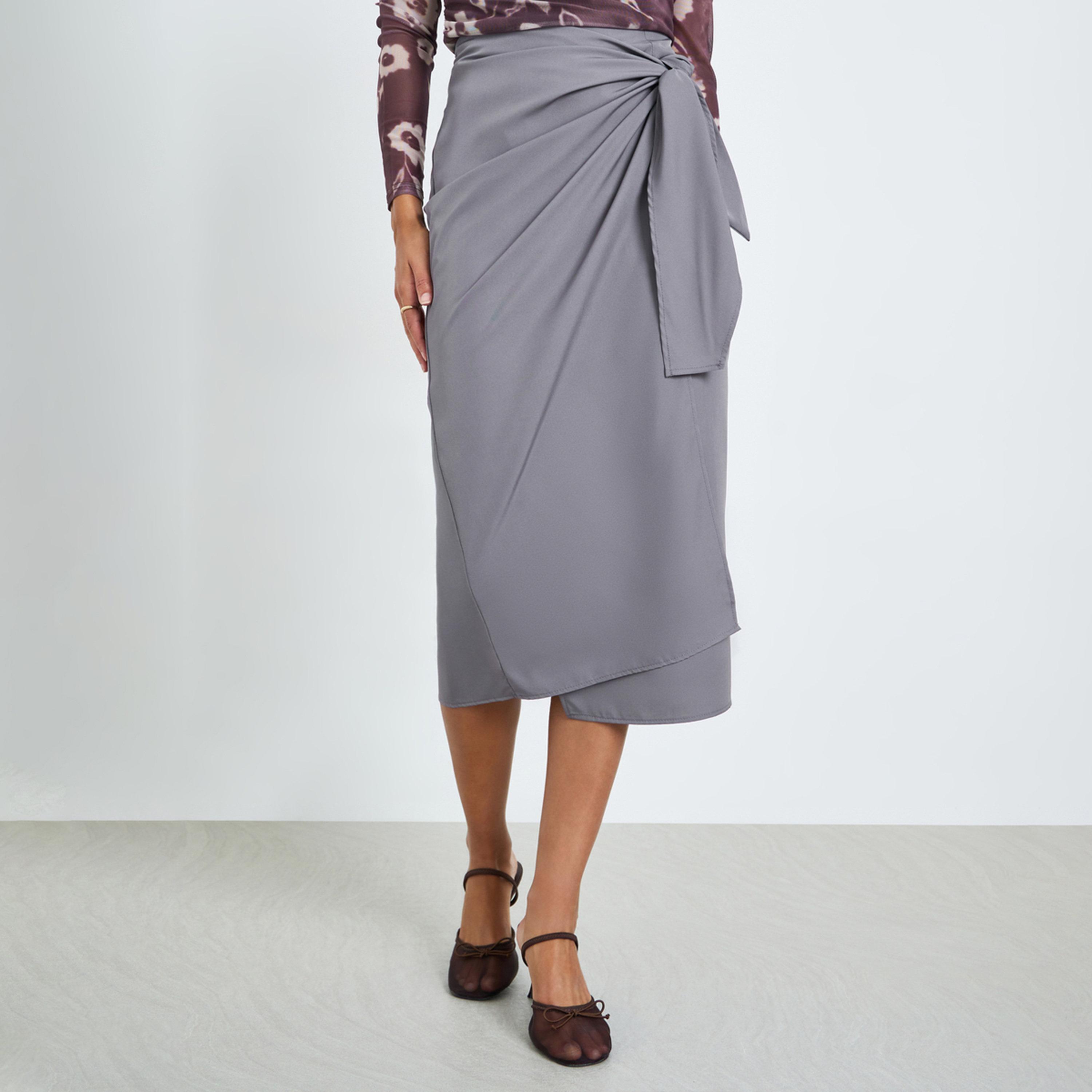 Styli Grey Tie-Up Wrap Front Midi Skirt-women-clothing-bottoms-skirts-image-1