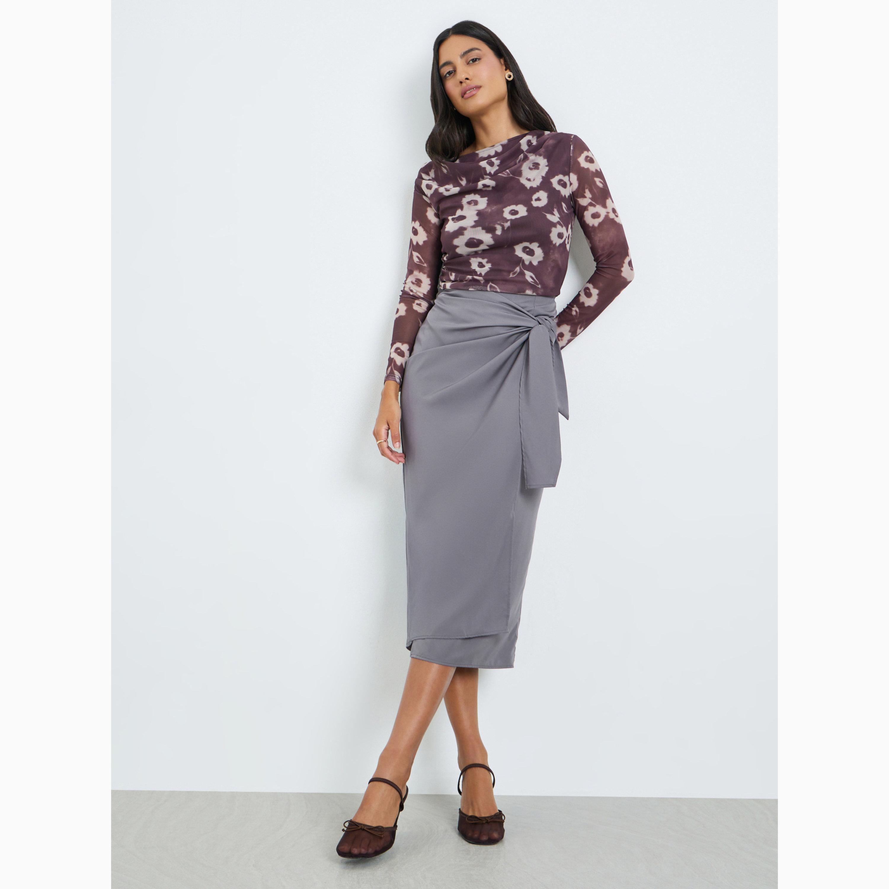 Styli Grey Tie-Up Wrap Front Midi Skirt-women-clothing-bottoms-skirts-image-2