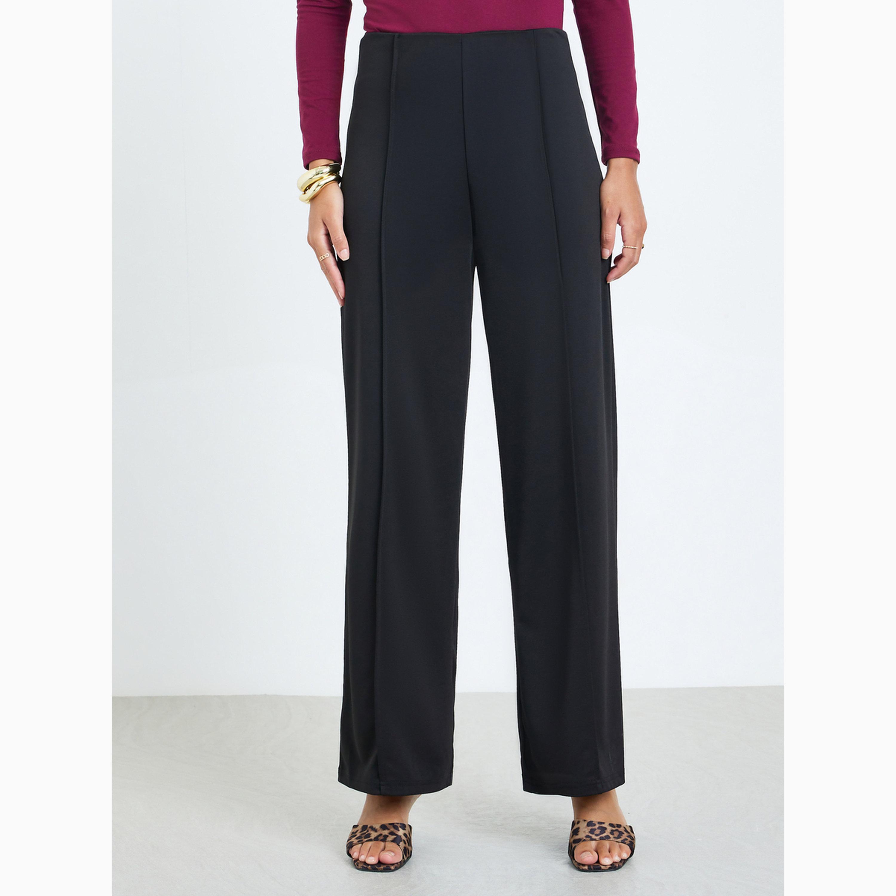 Styli Black Solid Wide Leg Stretch Formal Pants-women-clothing-bottoms-joggers-image-1