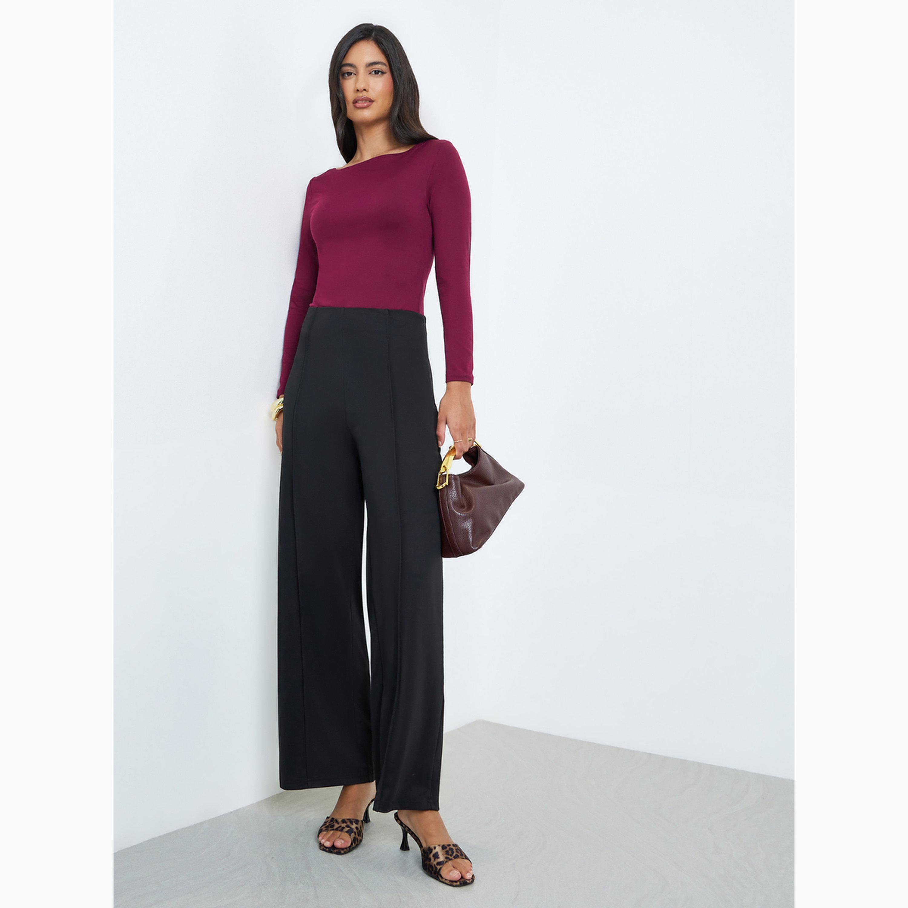Styli Black Solid Wide Leg Stretch Formal Pants-women-clothing-bottoms-joggers-image-2