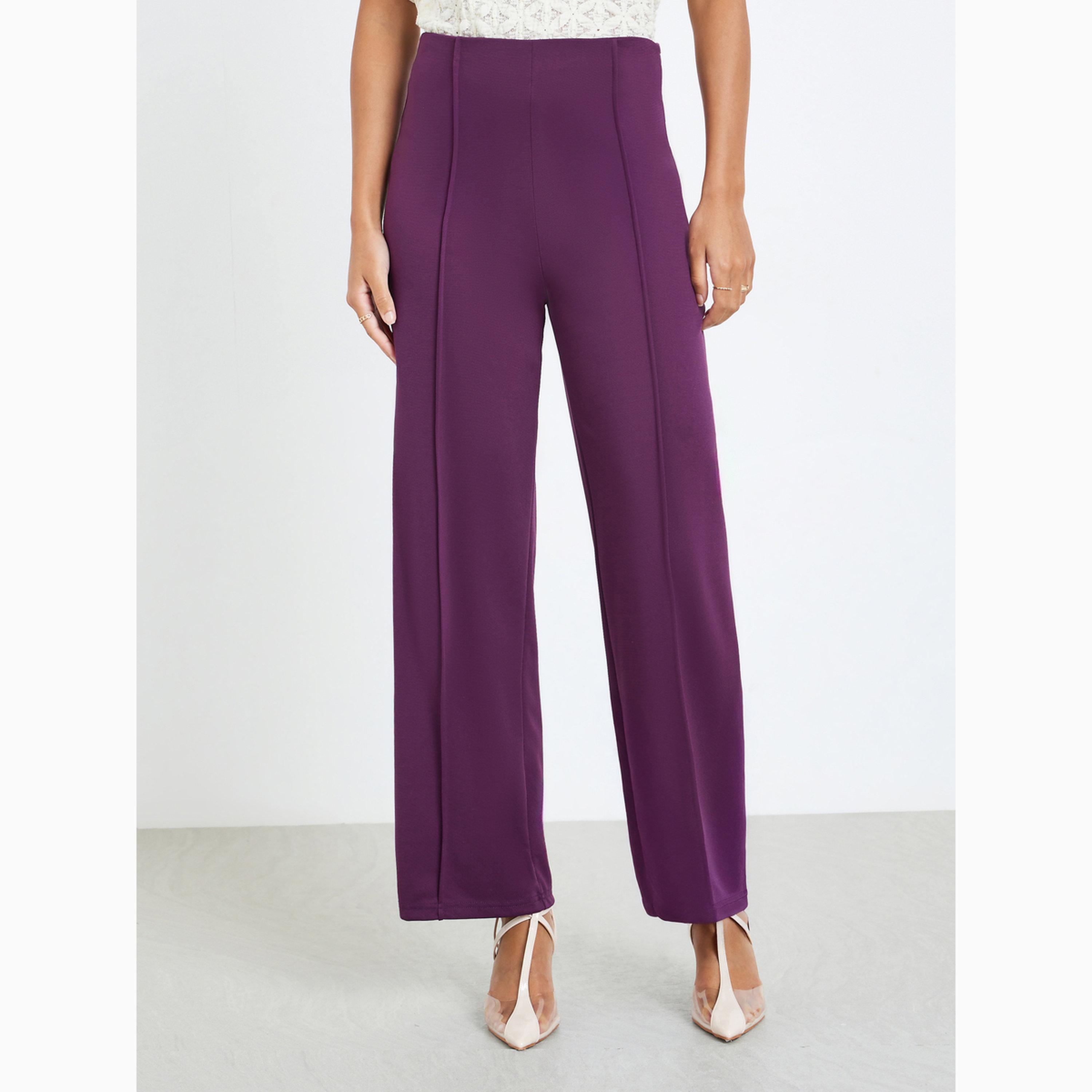 Styli Purple Solid Wide Leg Stretch Formal Pants-women-clothing-bottoms-joggers-image-1