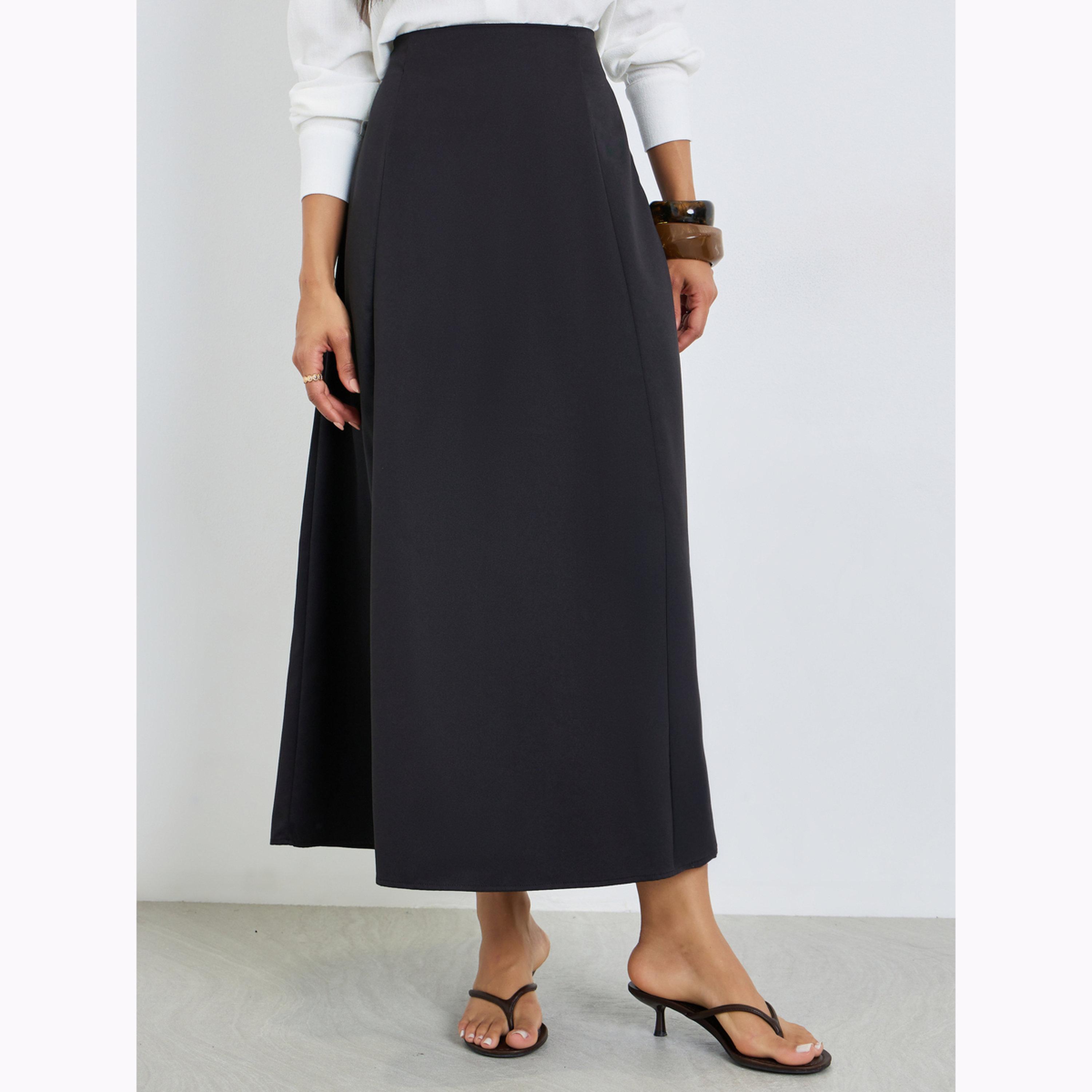 Styli Black Solid A-Line Maxi Skirt-women-clothing-bottoms-skirts-image-1