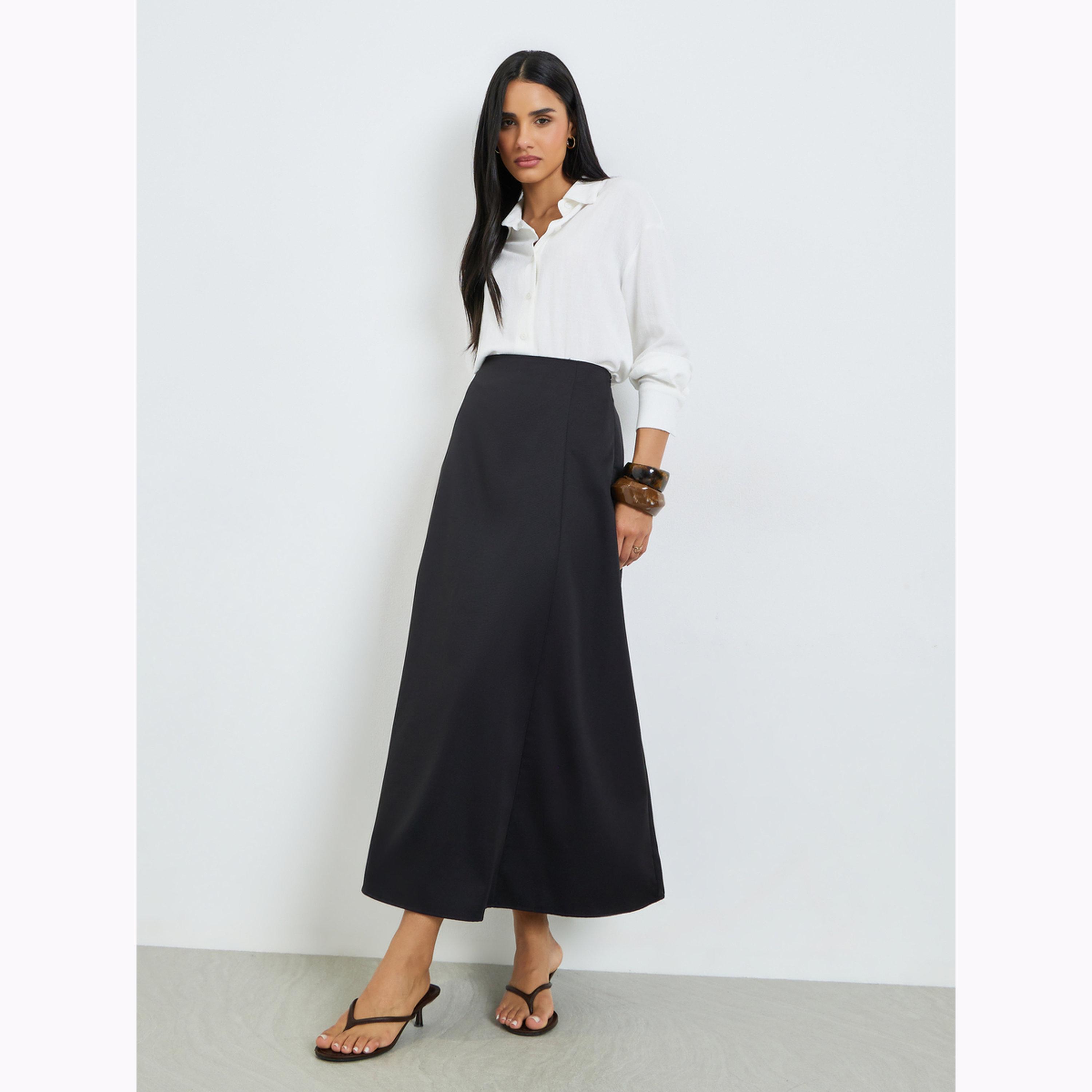 Styli Black Solid A-Line Maxi Skirt-women-clothing-bottoms-skirts-image-2