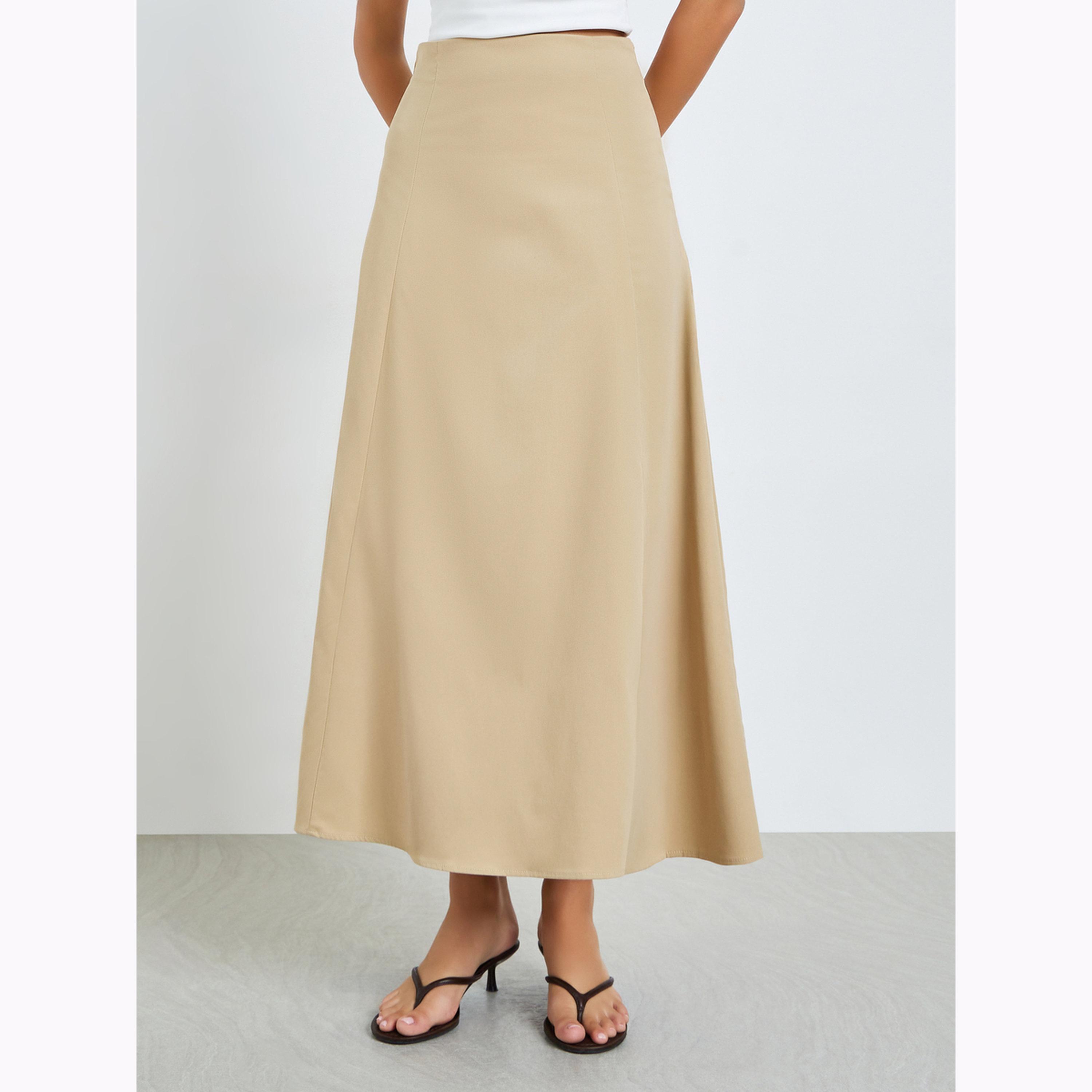 Styli Beige Solid A-Line Maxi Skirt-women-clothing-bottoms-skirts-image-1