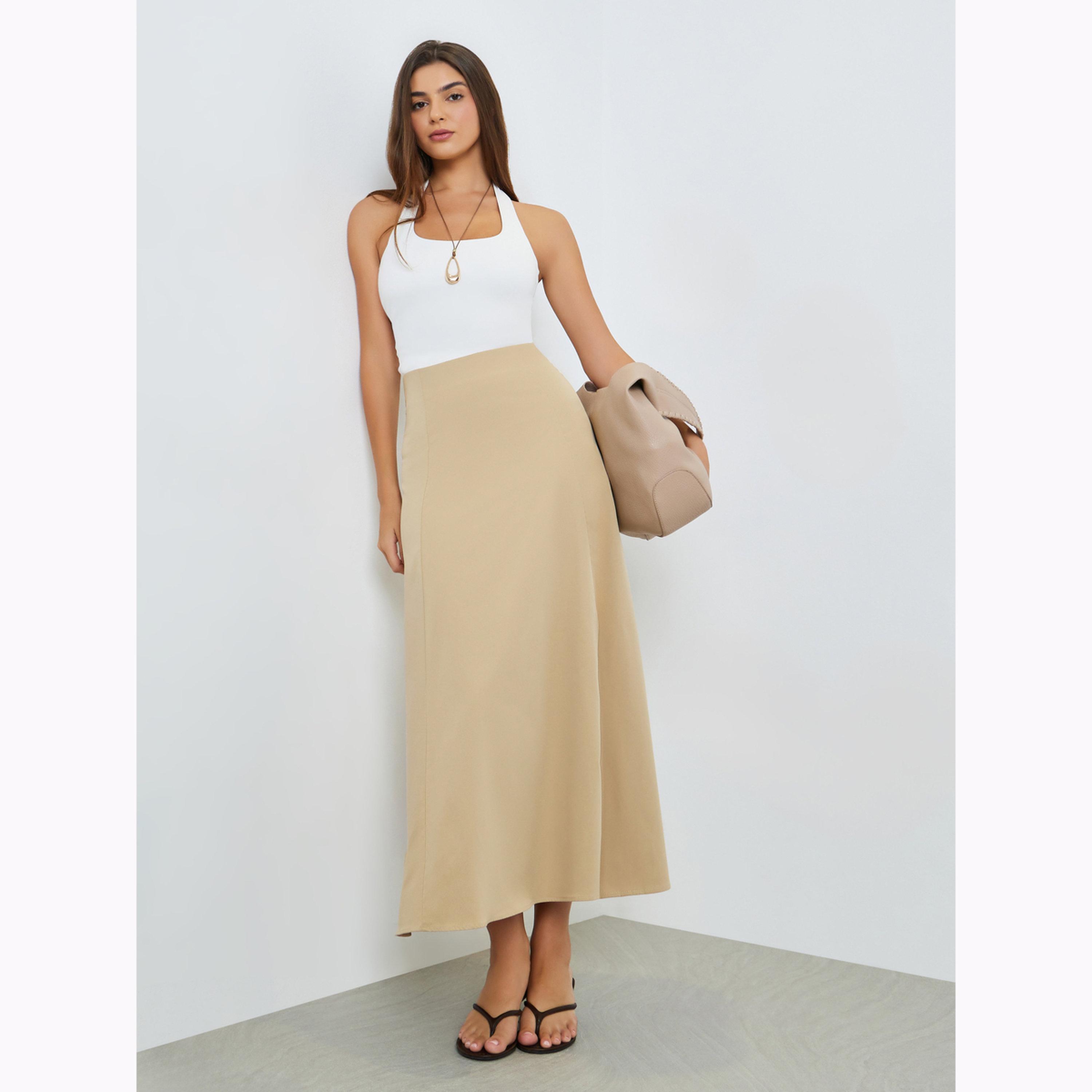 Styli Beige Solid A-Line Maxi Skirt-women-clothing-bottoms-skirts-image-2