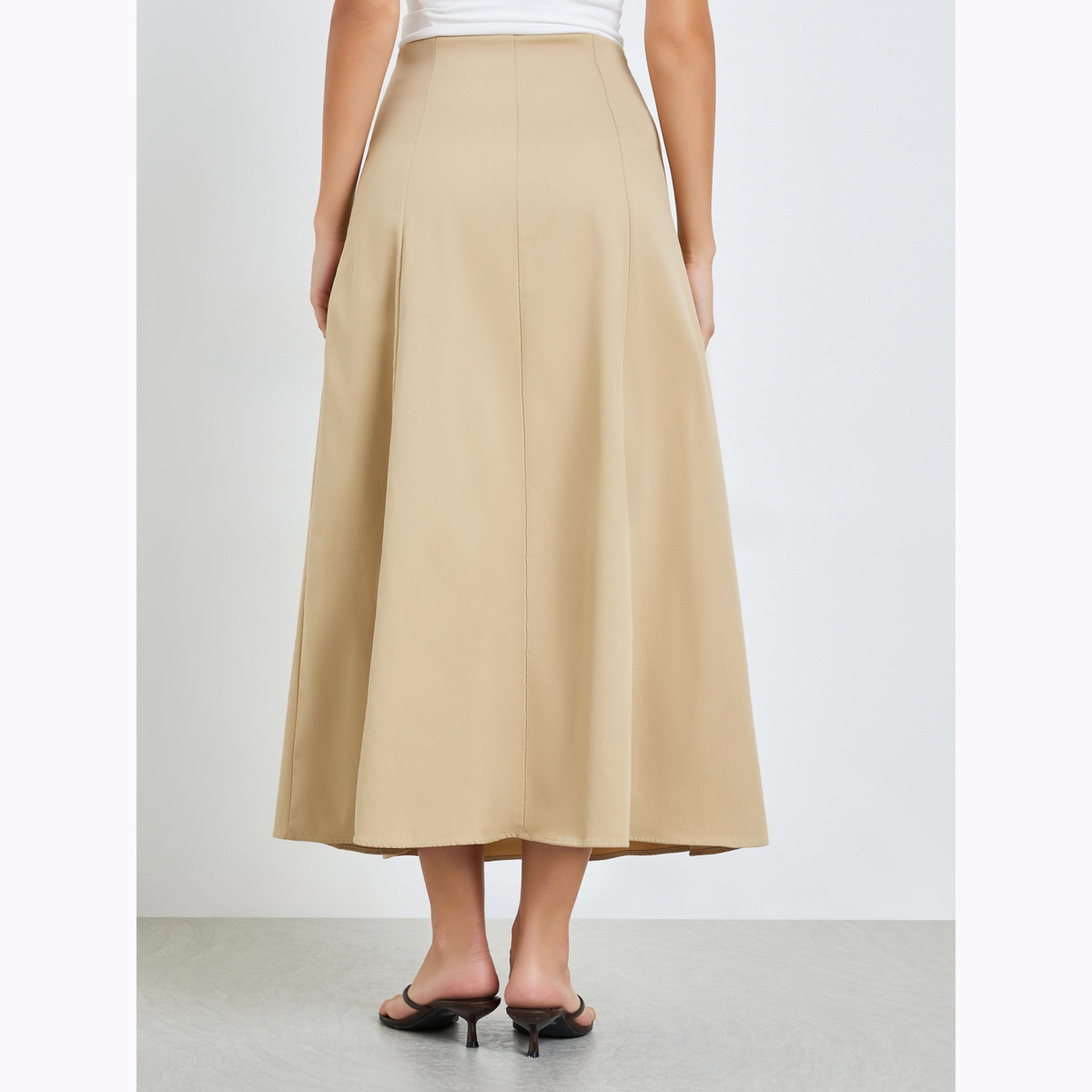 Styli Beige Solid A-Line Maxi Skirt-women-clothing-bottoms-skirts-image-4