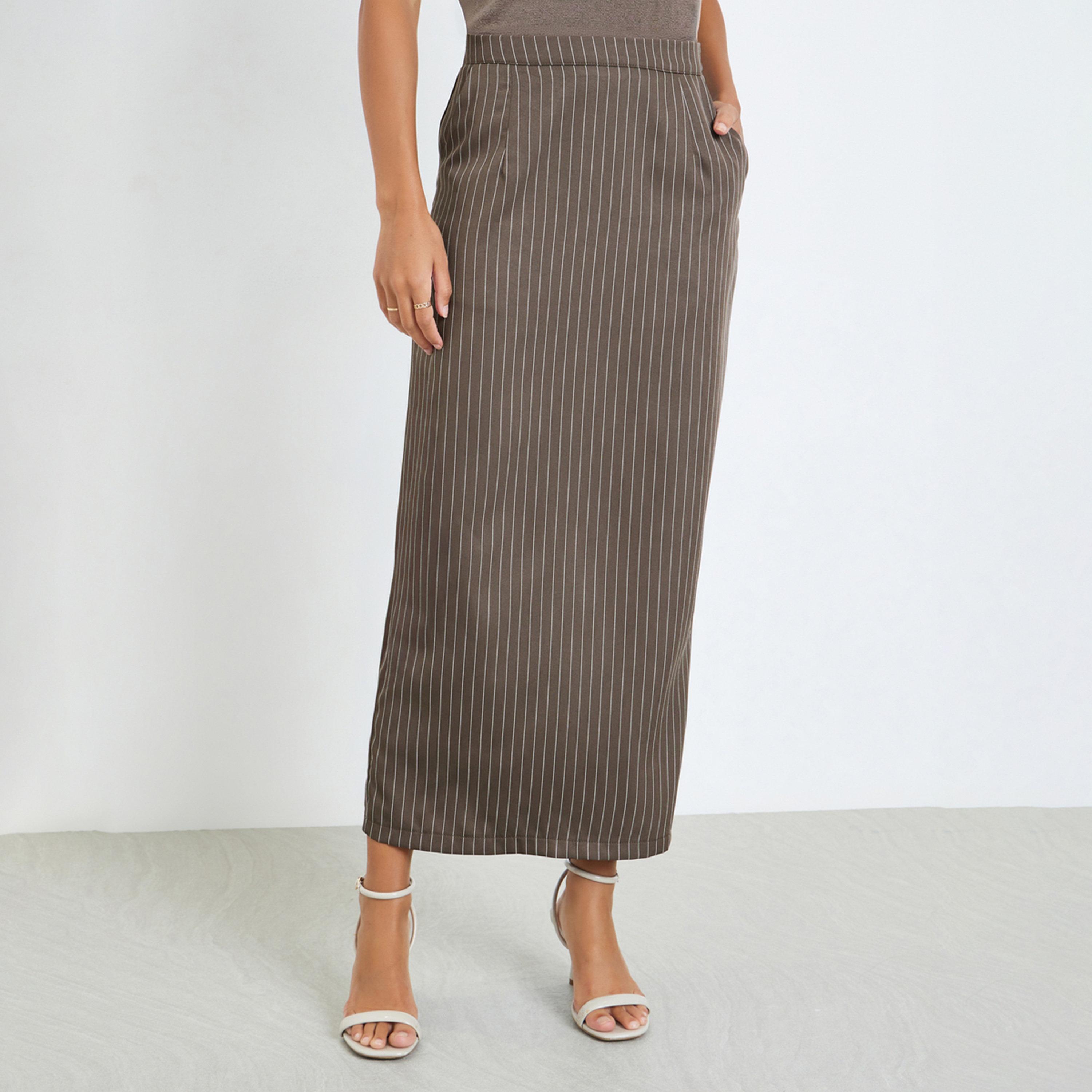 Styli Brown Striped Pencil Maxi Skirt-women-clothing-bottoms-skirts-image-1