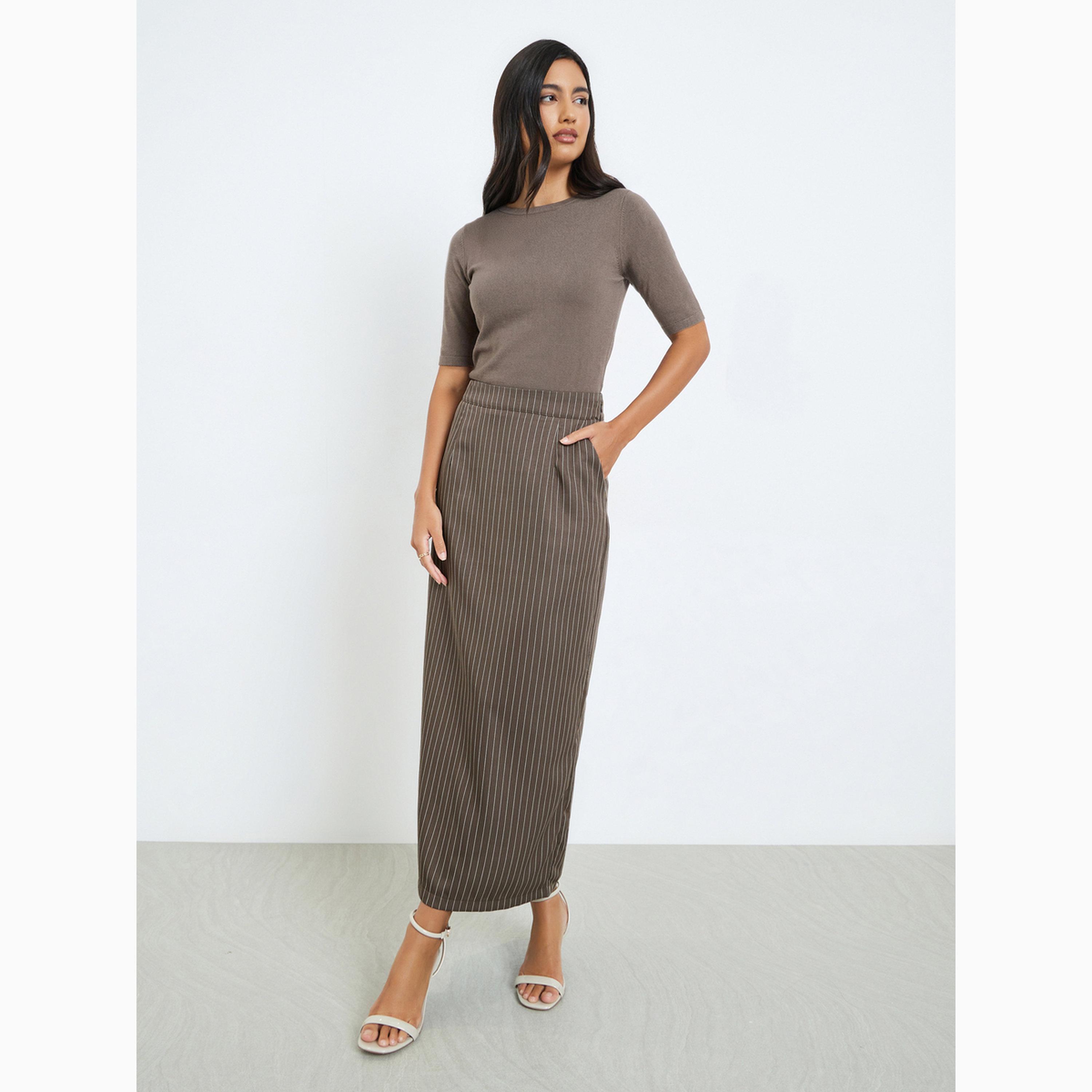 Styli Brown Striped Pencil Maxi Skirt-women-clothing-bottoms-skirts-image-2