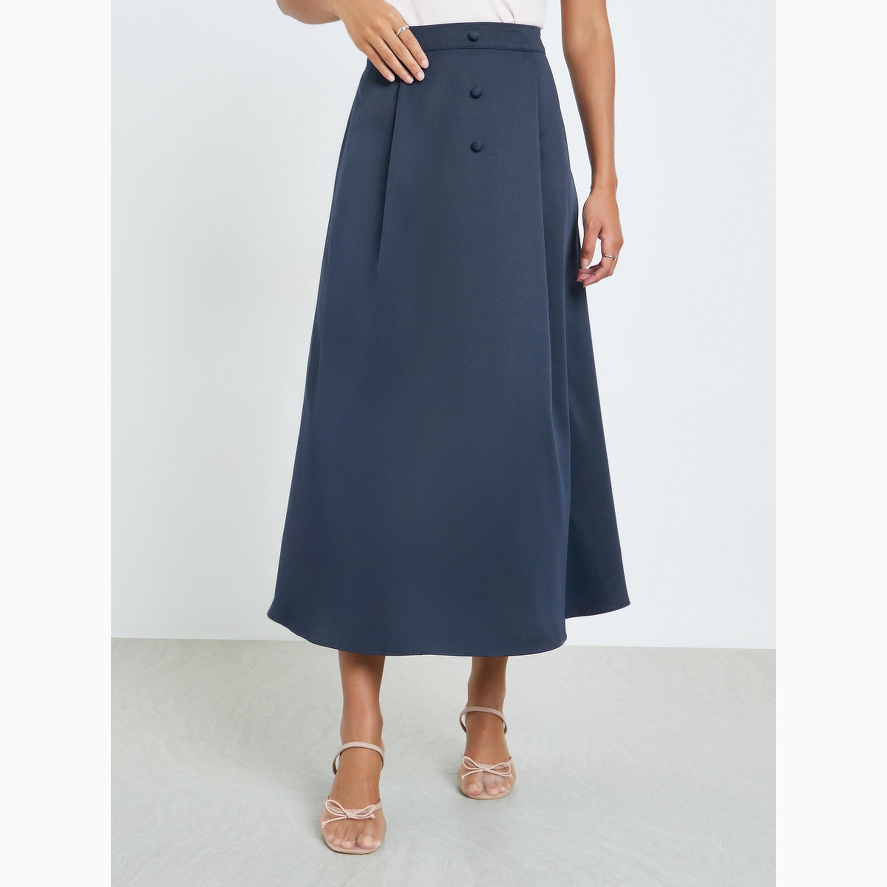 تنورة ميدي بخصر مطاطي وتفاصيل جيوب لون كحلي-women-clothing-bottoms-skirts-image-1