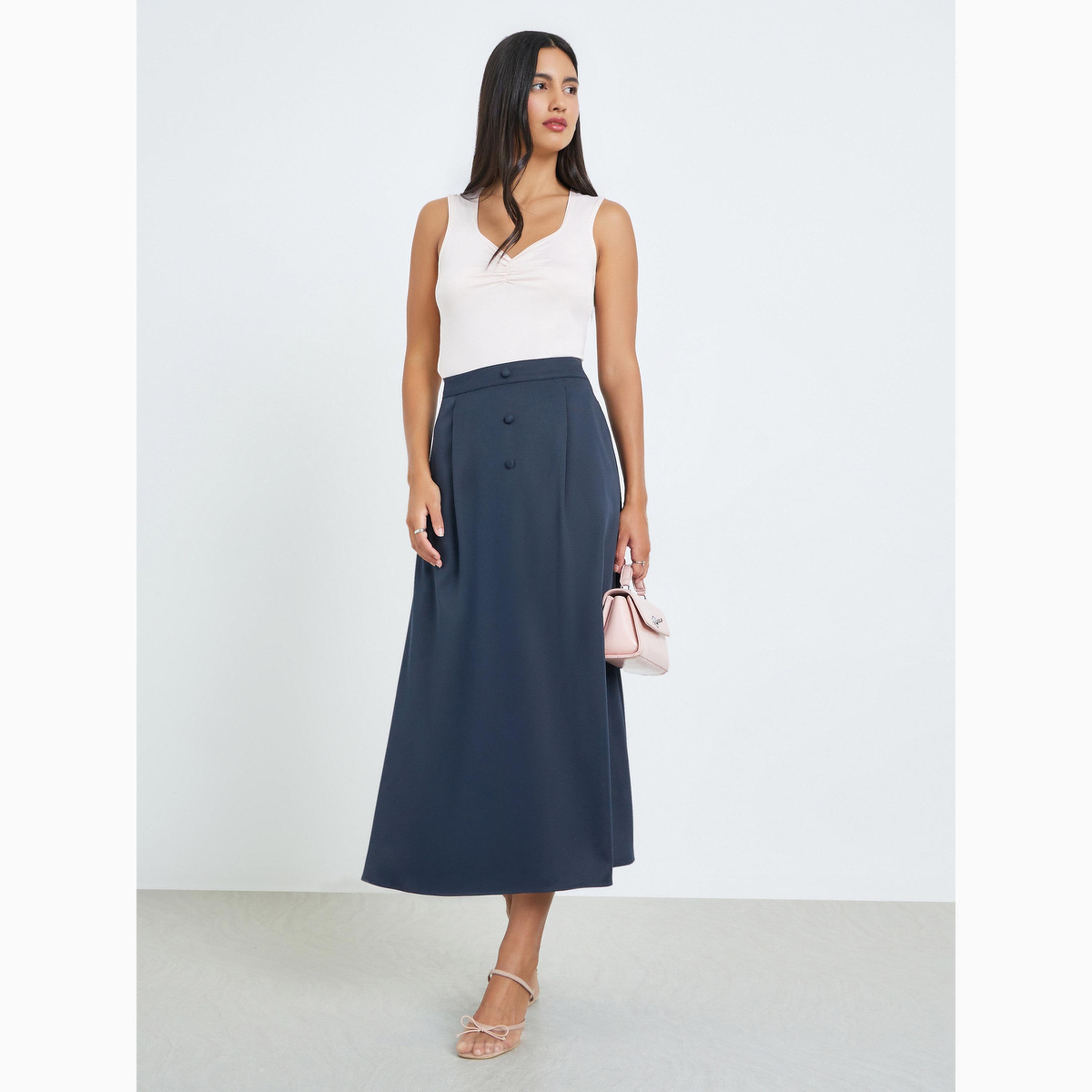 تنورة ميدي بخصر مطاطي وتفاصيل جيوب لون كحلي-women-clothing-bottoms-skirts-image-2