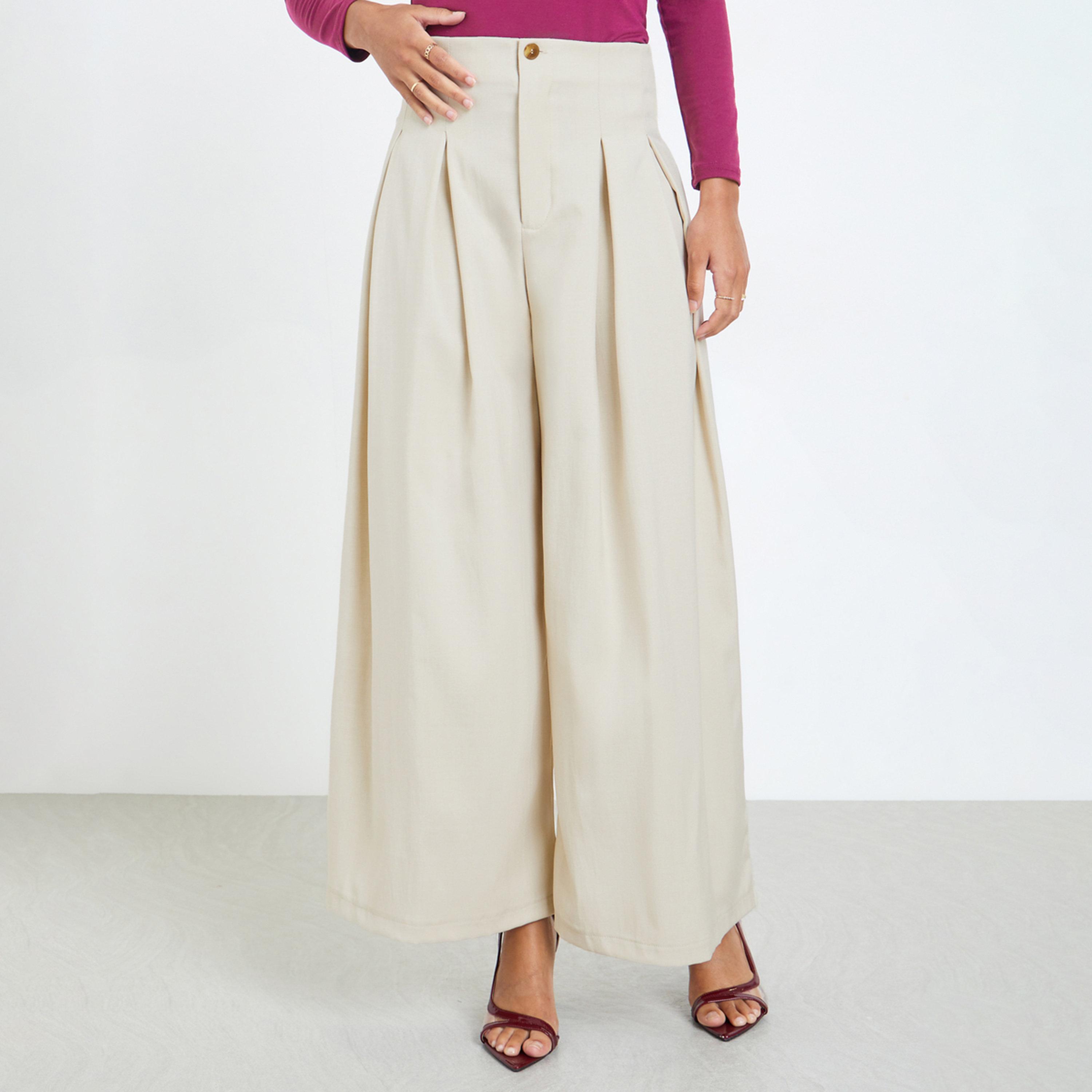 Styli Cream Solid Box Pleated Pants-women-clothing-bottoms-trousers-image-1