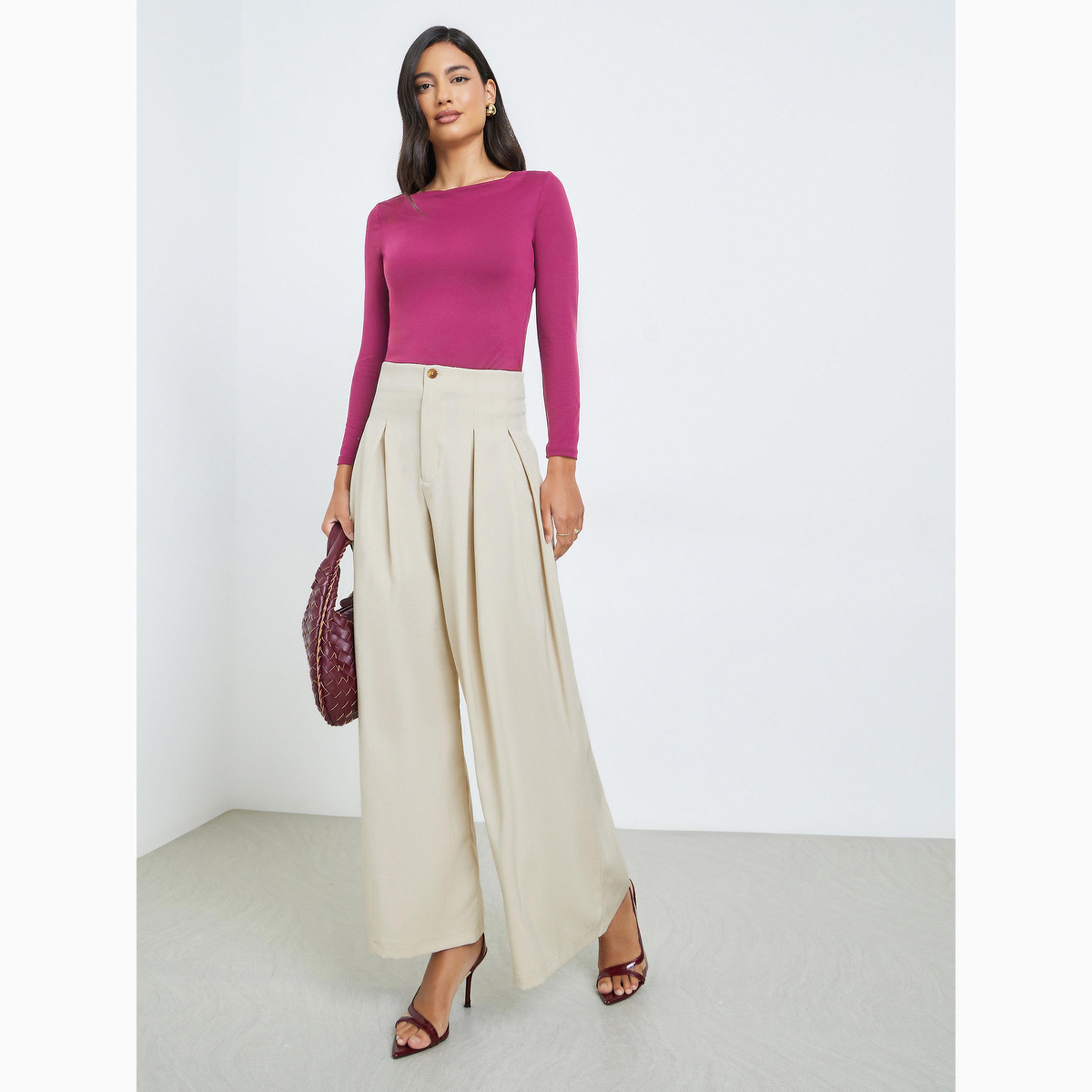 Styli Cream Solid Box Pleated Pants-women-clothing-bottoms-trousers-image-2