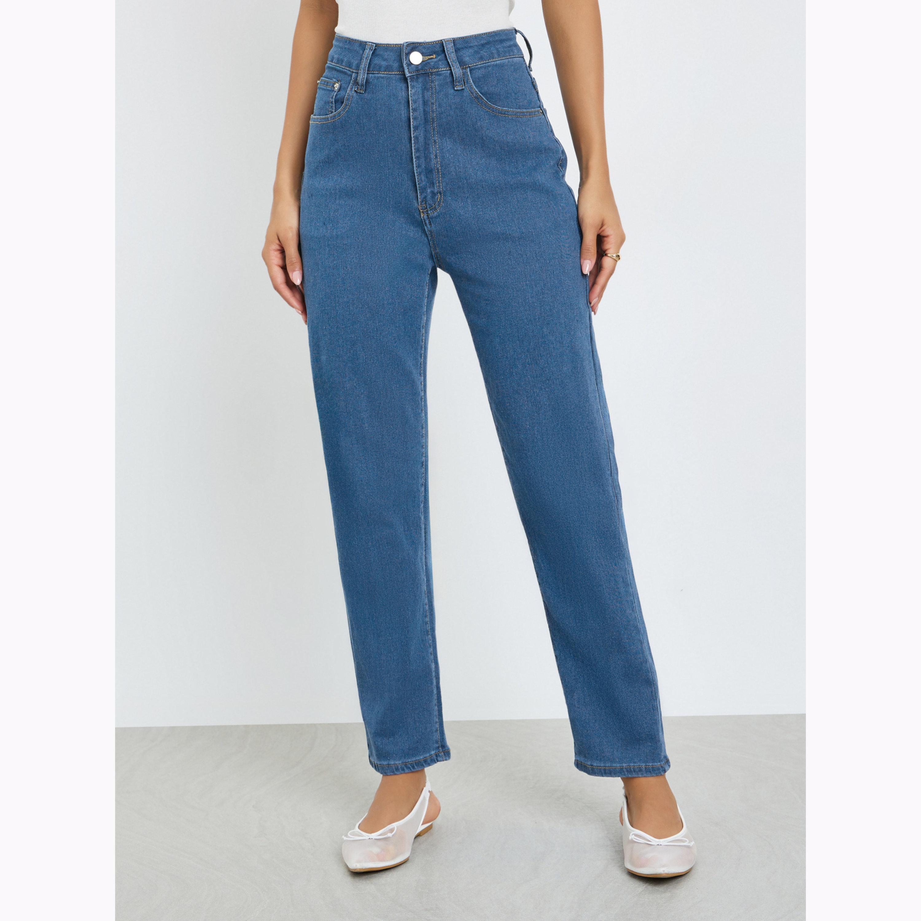 Styli Women Medium Blue High Rise Mom Fit Jeans-women-clothing-bottoms-jeans-image-1