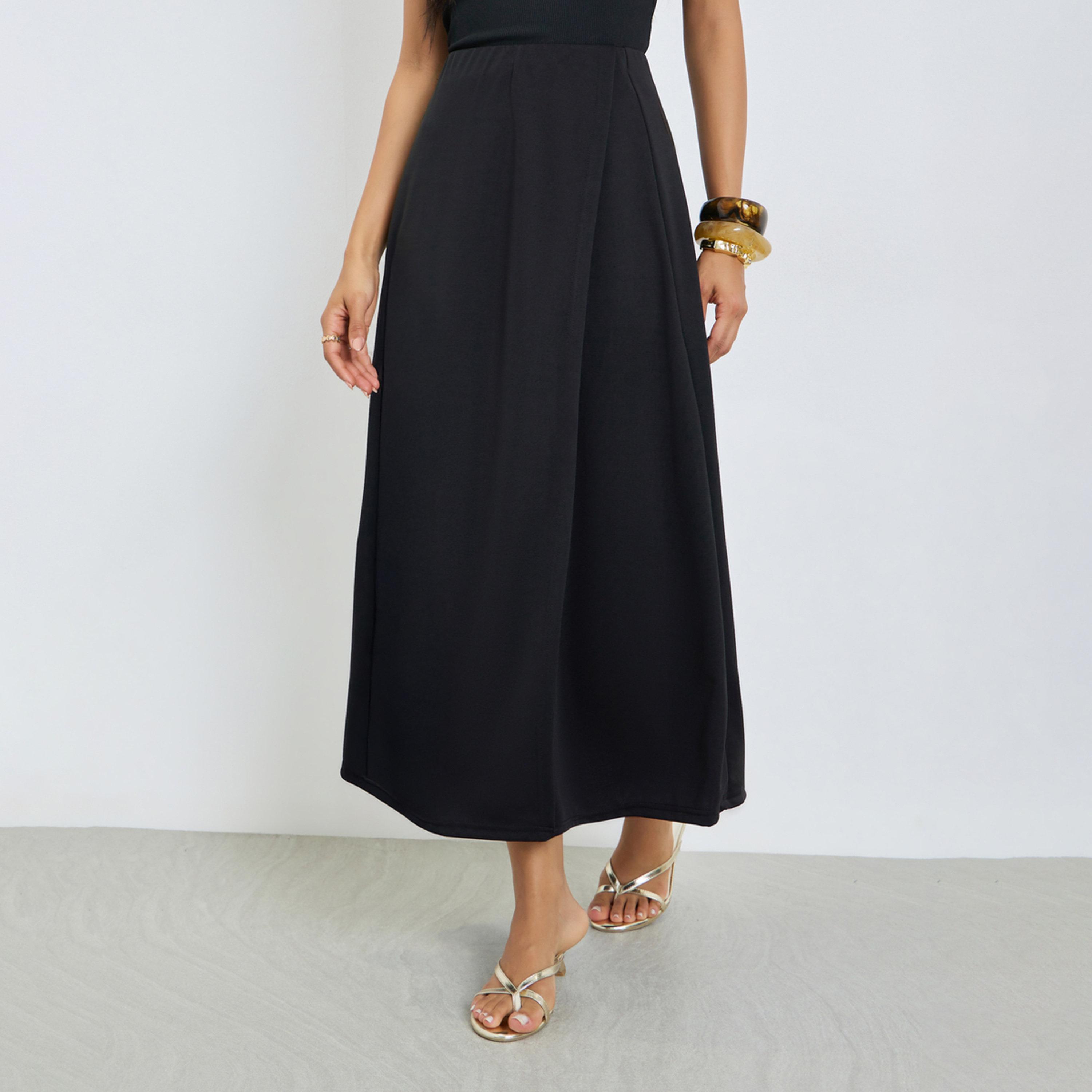تنورة ميدي بنمط لف غير متماثل لون أسود-women-clothing-bottoms-skirts-image-1