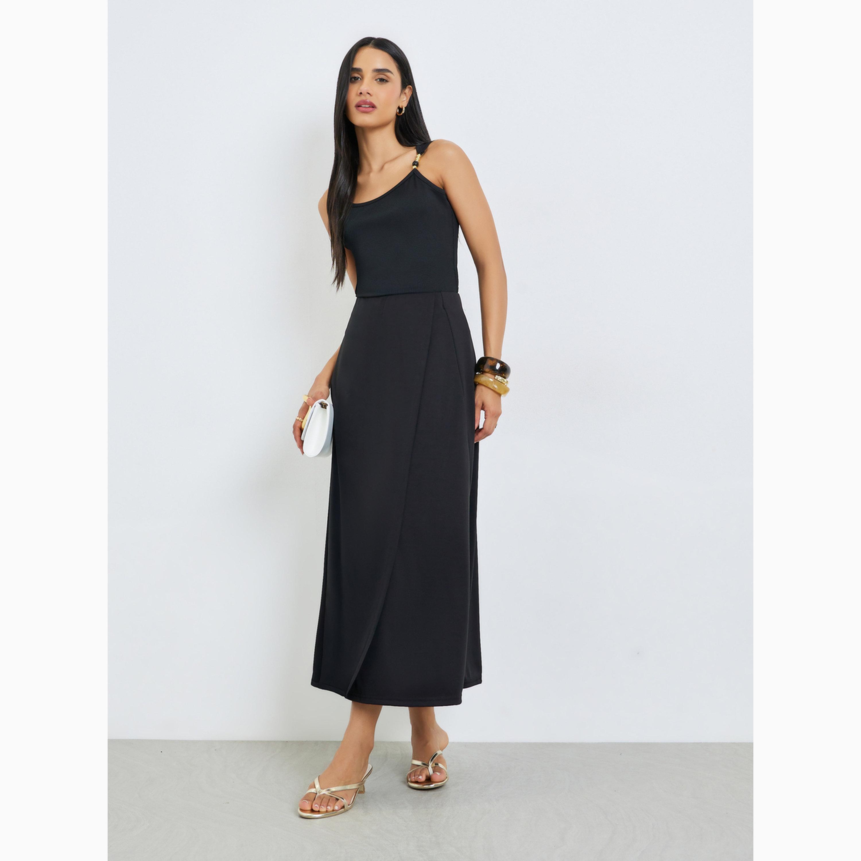Styli Black Solid Asymmetric Wrap Detail Midi Skirt-women-clothing-bottoms-skirts-image-2