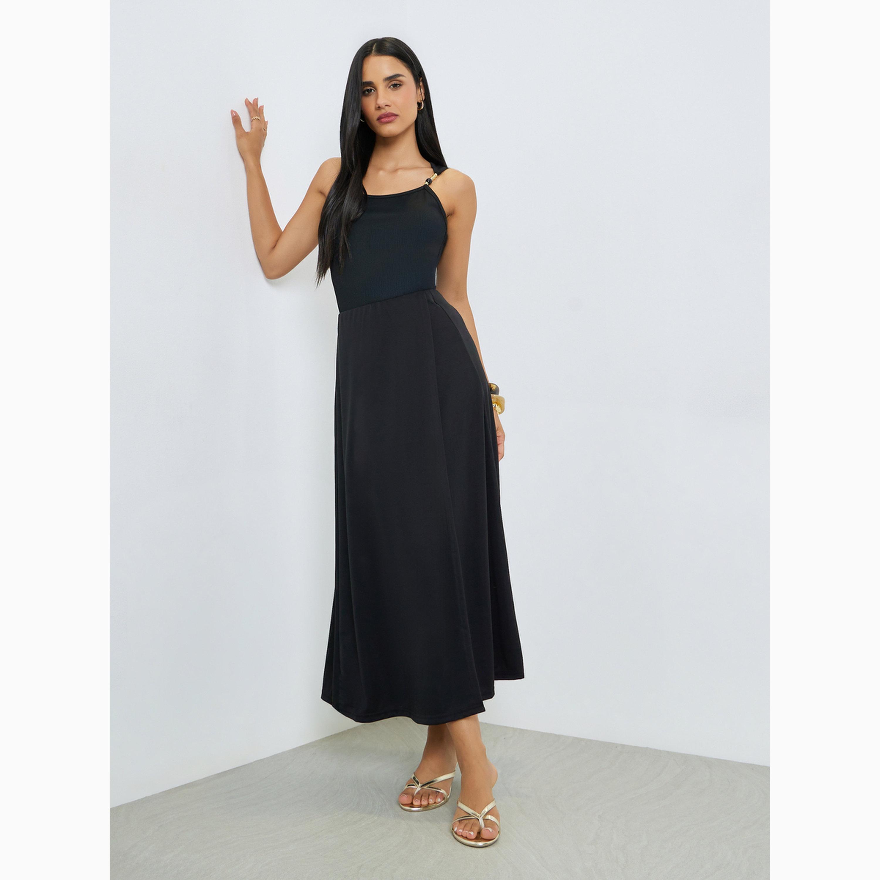Styli Black Solid Asymmetric Wrap Detail Midi Skirt-women-clothing-bottoms-skirts-image-5