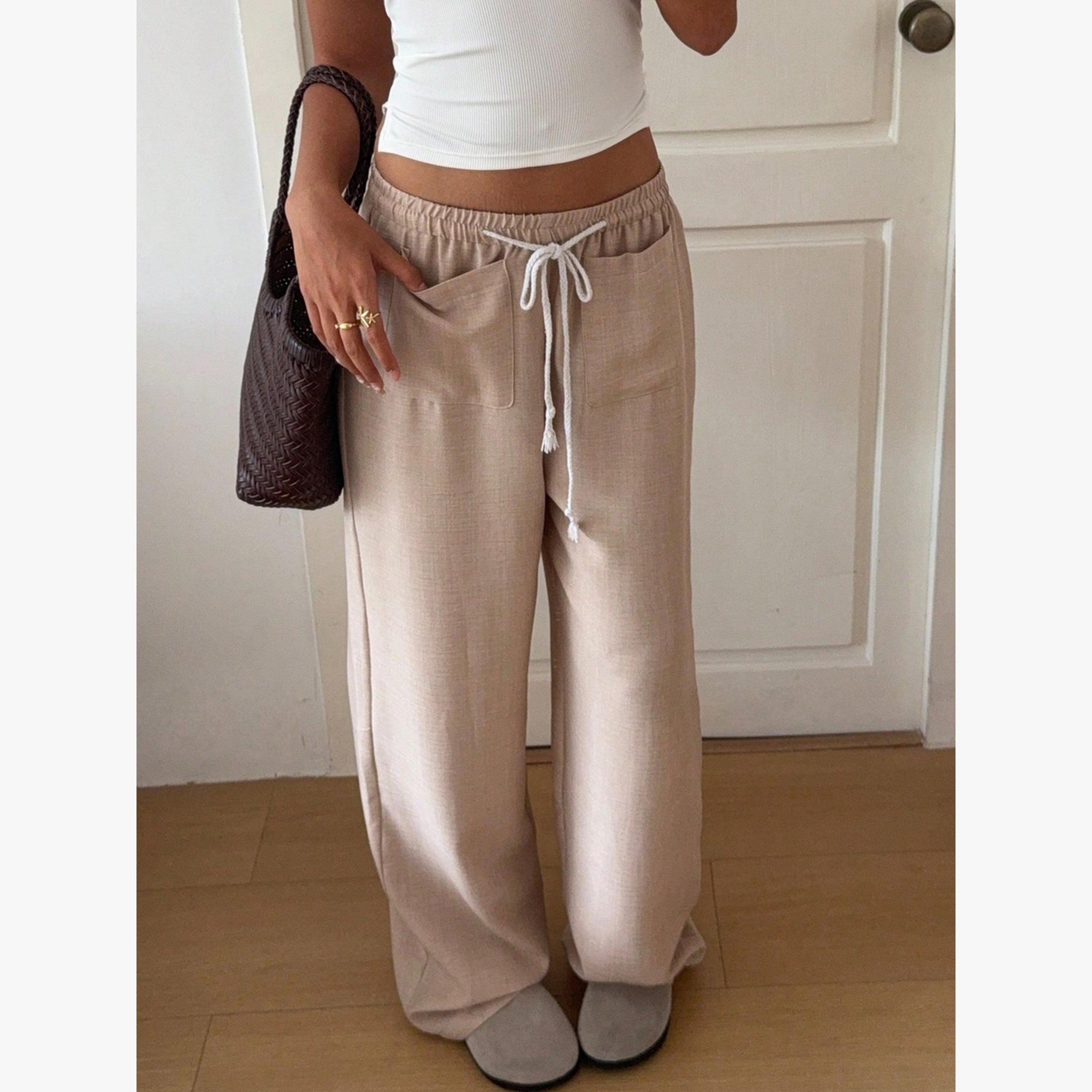 Take Two Beige Wide Leg Linen Pants with Drawstring-women-clothing-bottoms-joggers-image-1