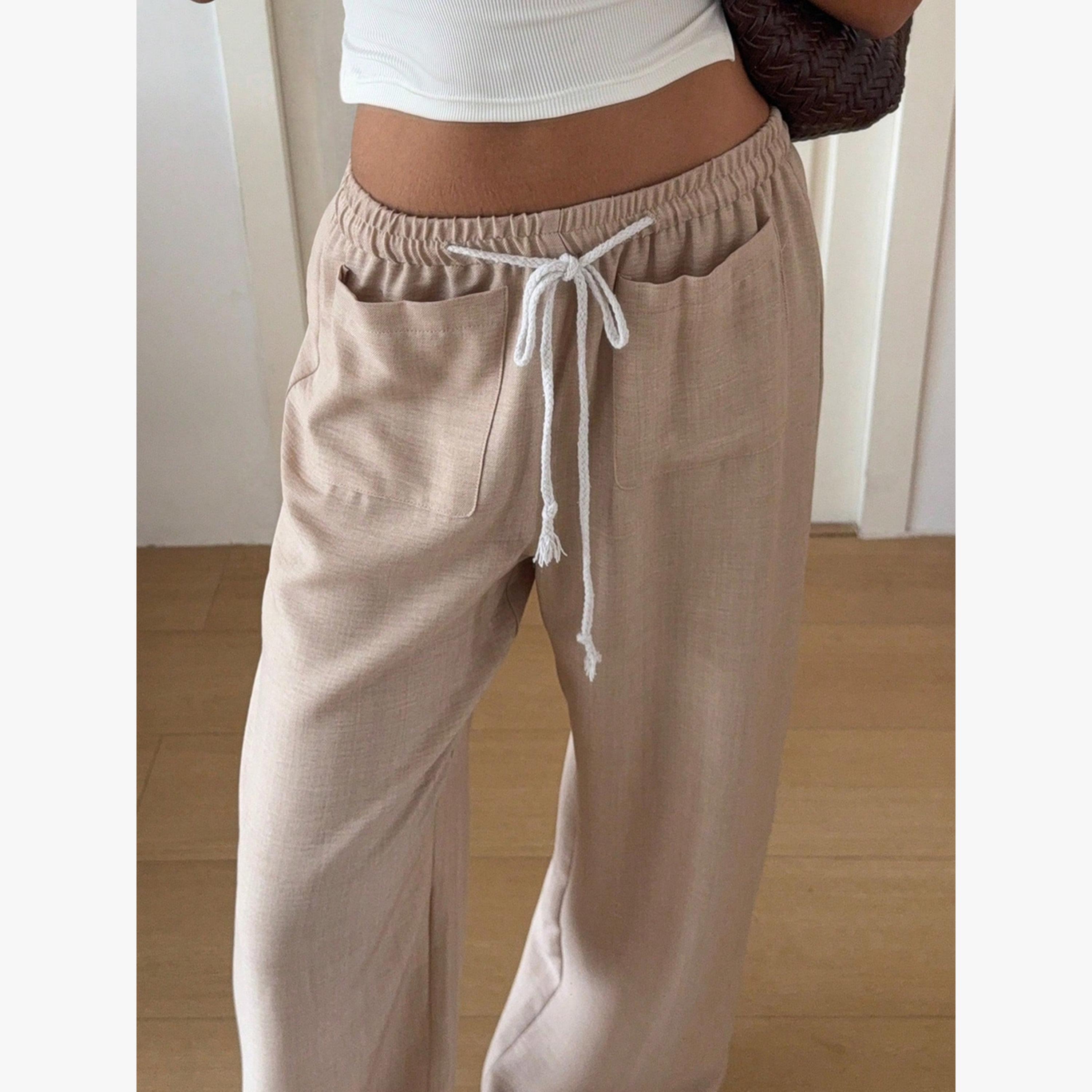 Take Two Beige Wide Leg Linen Pants with Drawstring-women-clothing-bottoms-joggers-image-2