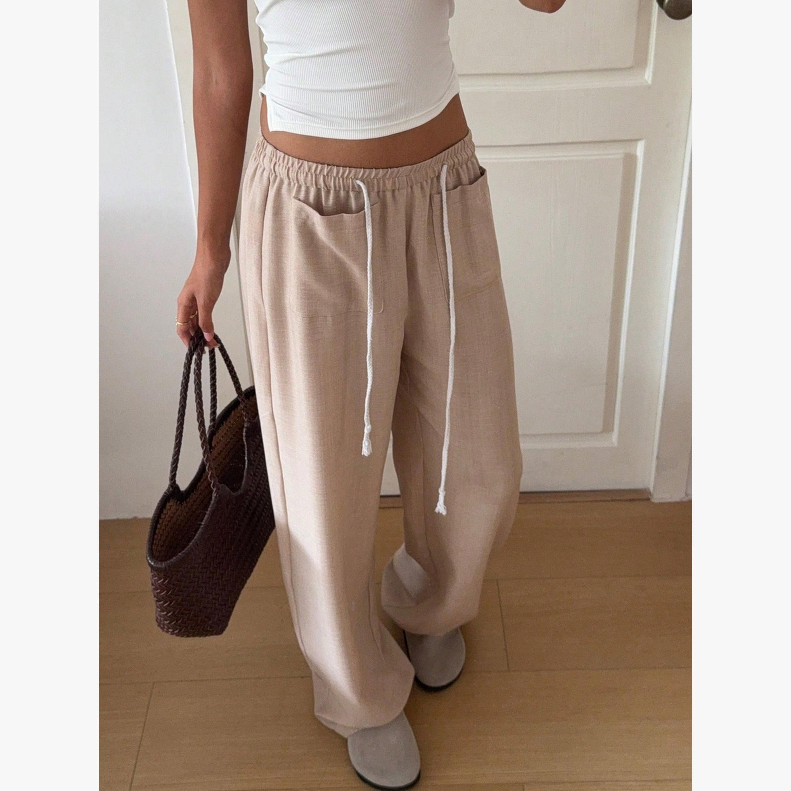 Take Two Beige Wide Leg Linen Pants with Drawstring-women-clothing-bottoms-joggers-image-5