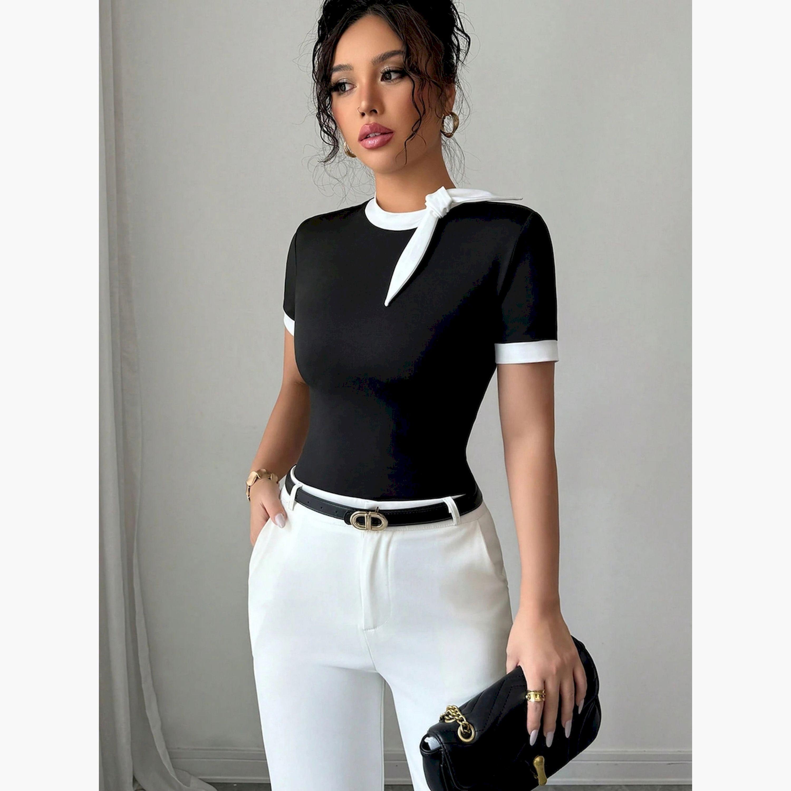 تيك تو × ستايلي - بلوزة سوداء قصيرة الأكمام بحواف بيضاء-women-clothing-shirtsandblouses-blouses-image-5
