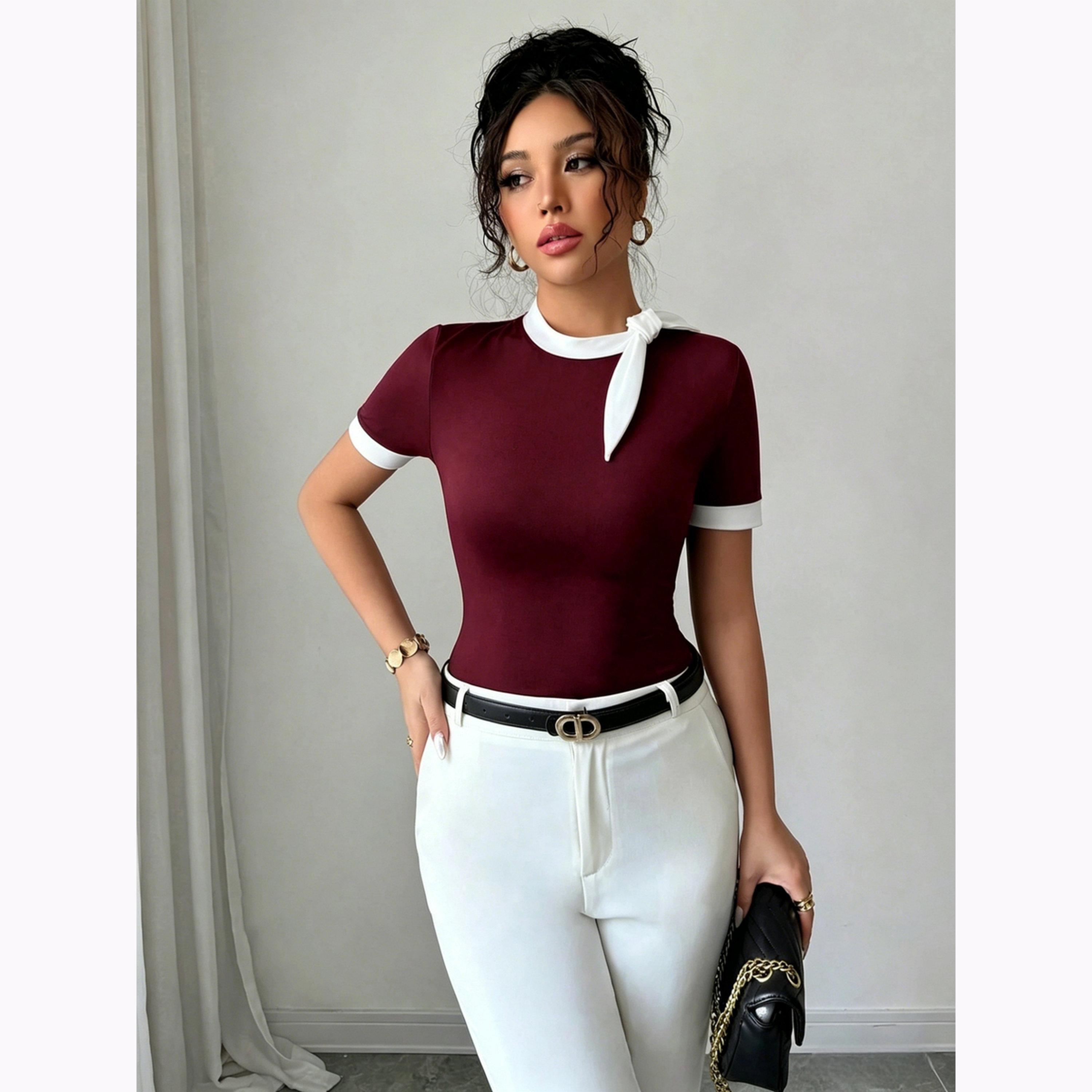Take Two Burgundy Short Sleeve Top with Bow Detail-women-clothing-shirtsandblouses-blouses-image-1