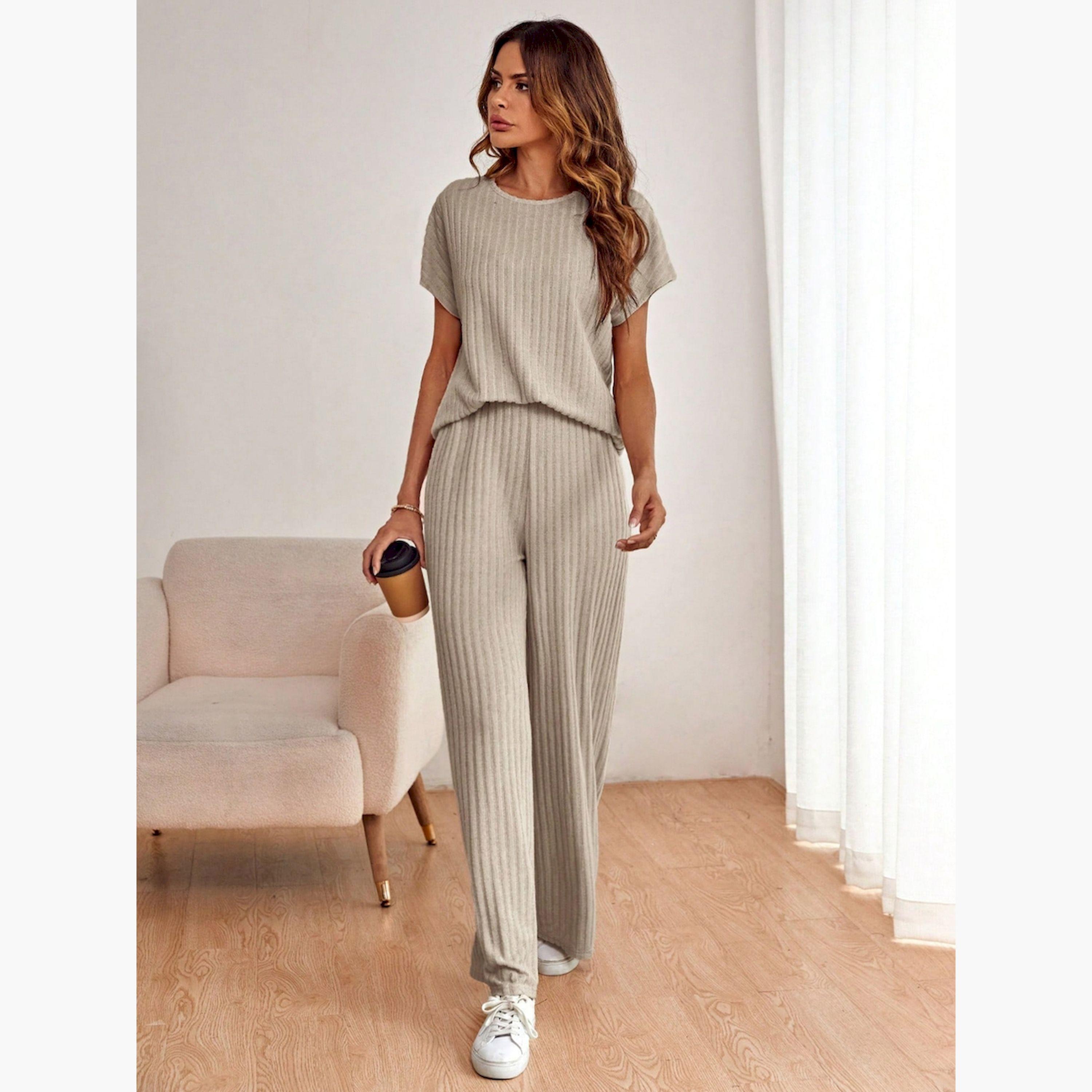 Take Two X Styli Beige Ribbed Knit Top and Trousers Co-Ords-women-clothing-coordsets-image-3