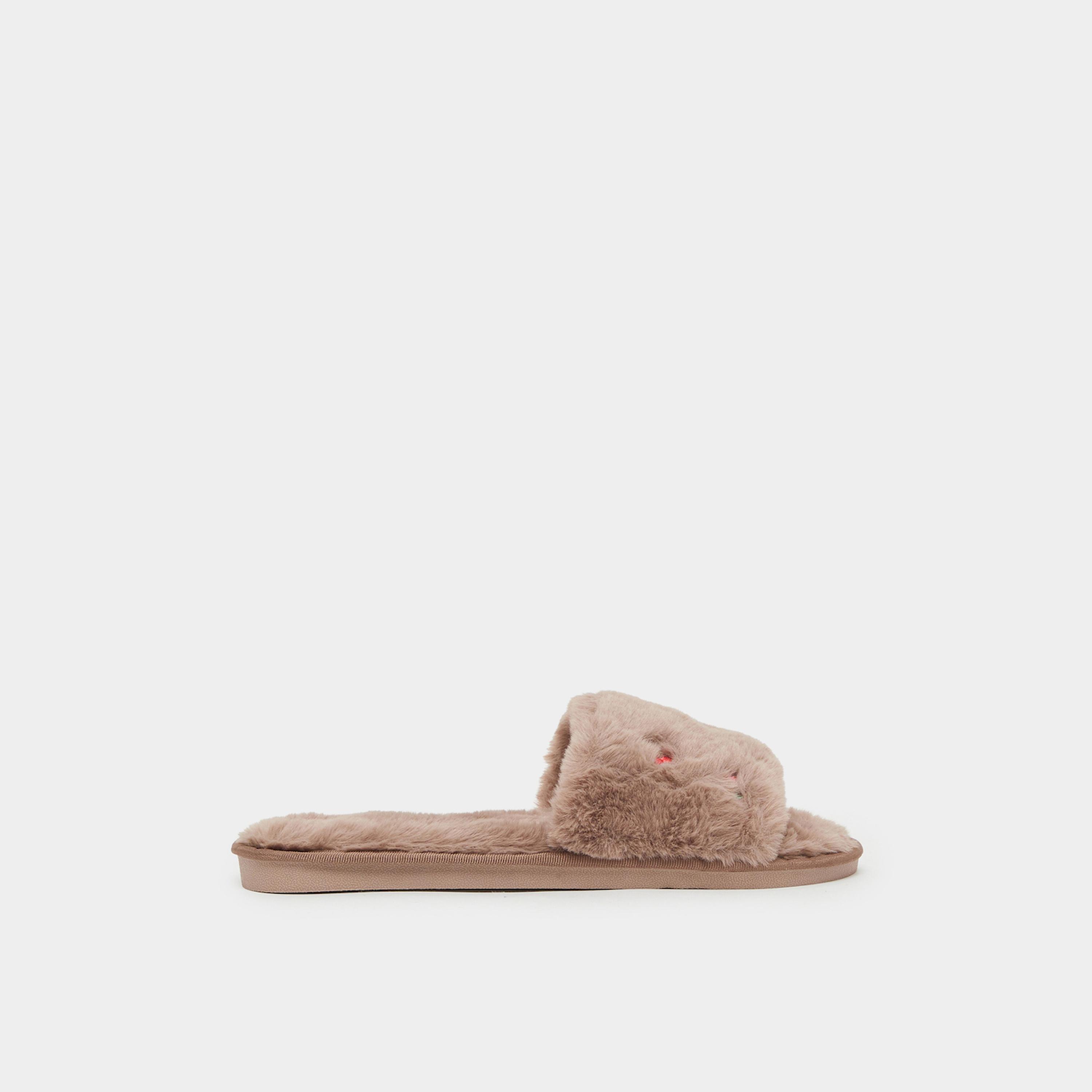 Styli Tan Fuzzy Embroidered Bedroom Slippers-women-shoes-bedroomslippers-image-2