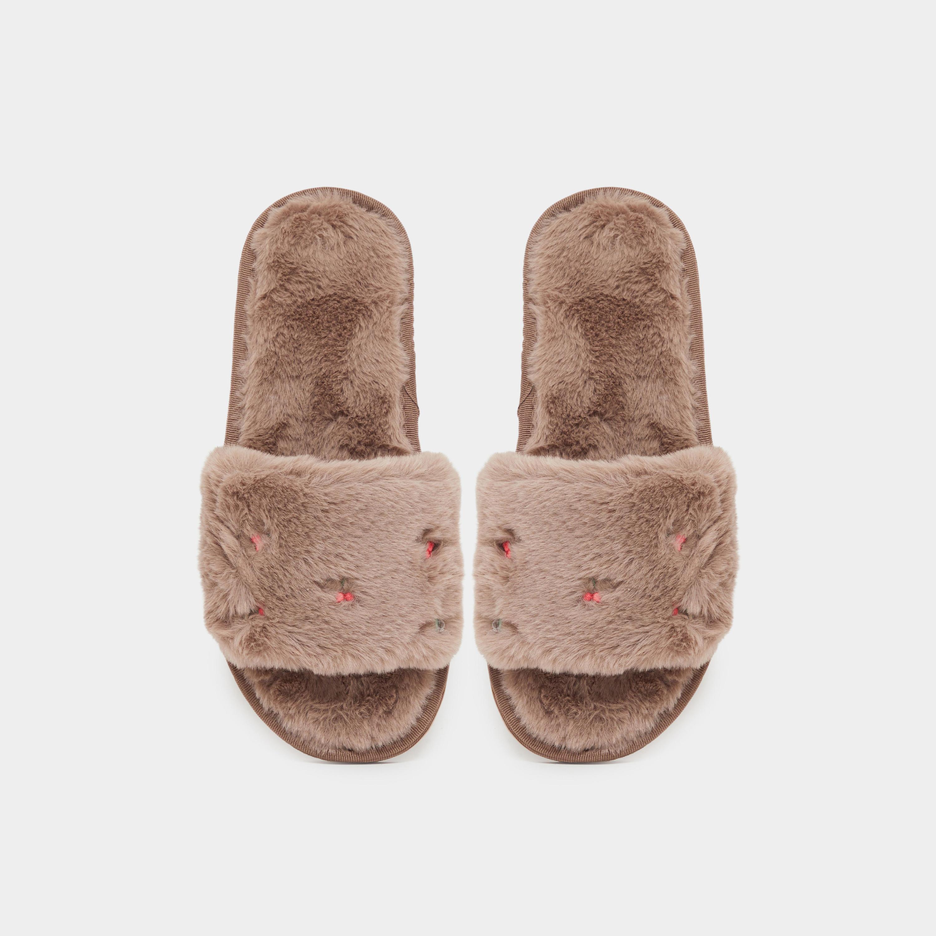 Styli Tan Fuzzy Embroidered Bedroom Slippers-women-shoes-bedroomslippers-image-3