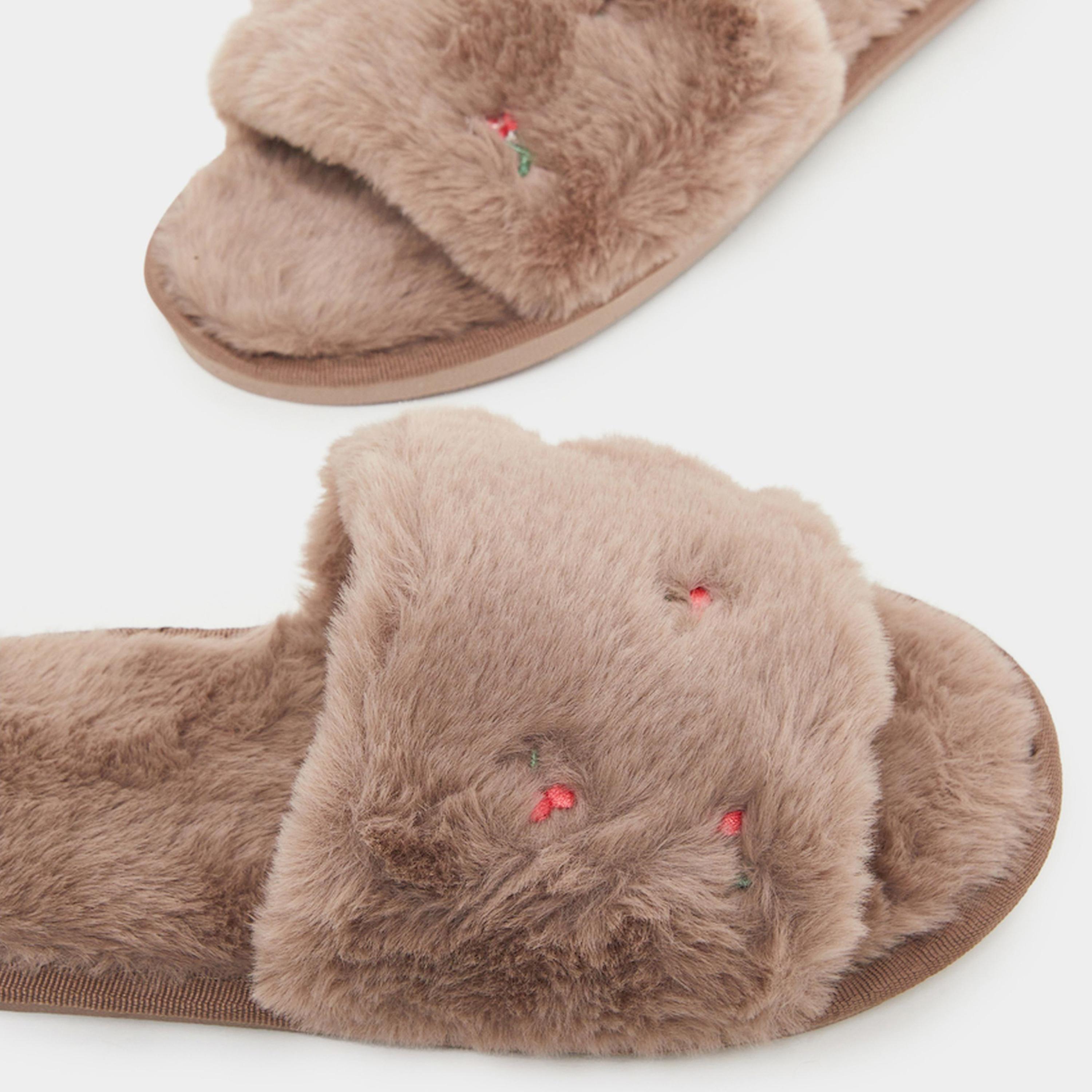 Styli Tan Fuzzy Embroidered Bedroom Slippers-women-shoes-bedroomslippers-image-5