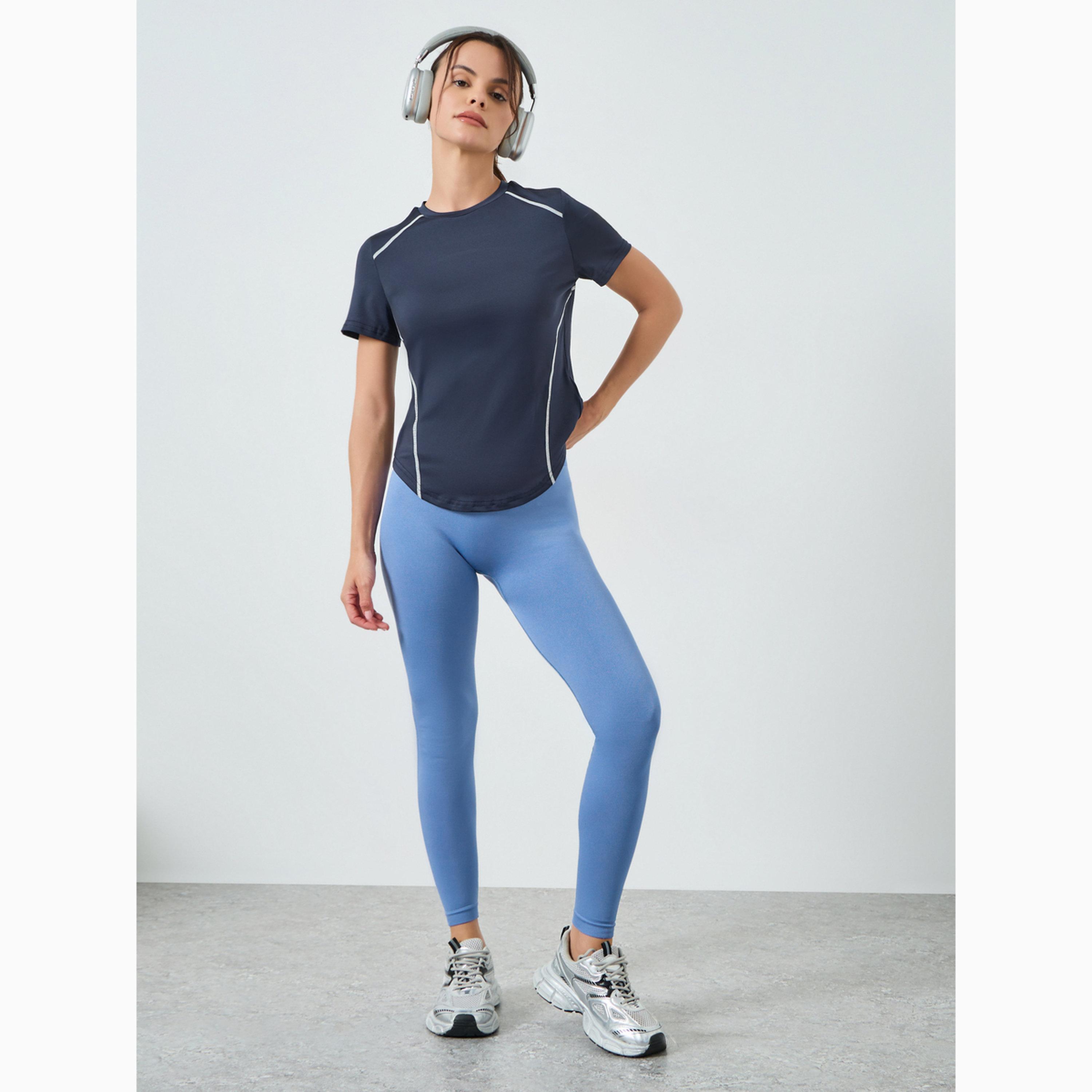 Styli Navy Blue Contrast Stitch Detail High Neck Short Sleeves Top-sports-women-clothing-tshirtsandvests-image-2