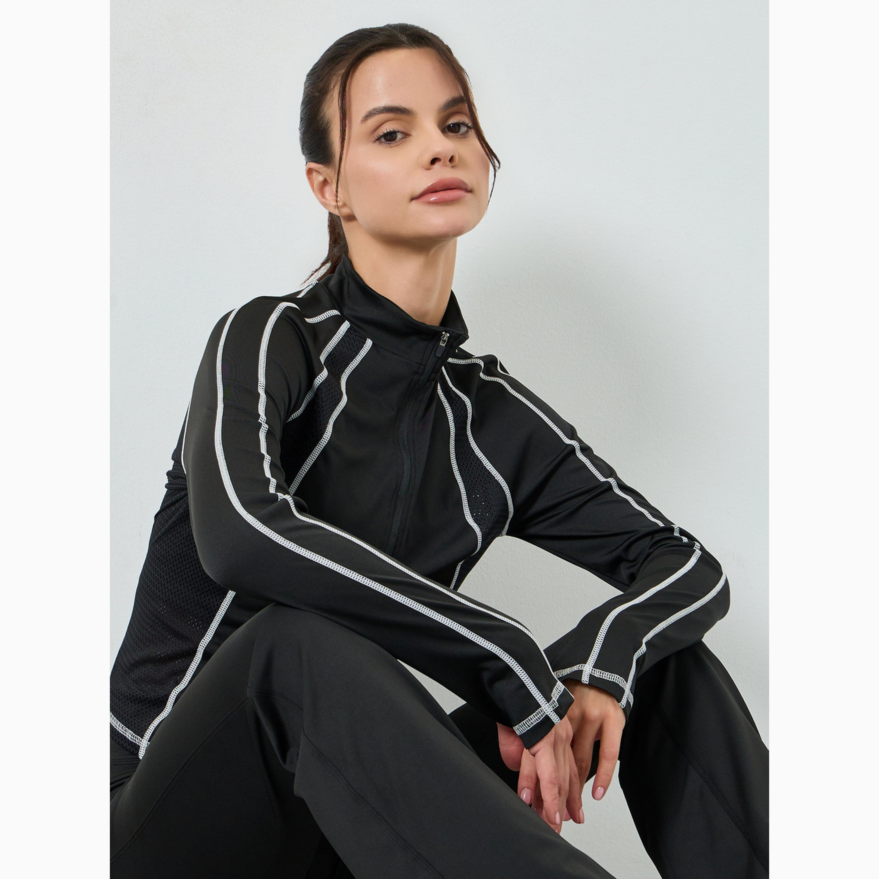 Styli Black Contrast Stitch Detail Thumbhole Half Zip Up Top-sports-women-clothing-coatsandjackets-jackets-image-3