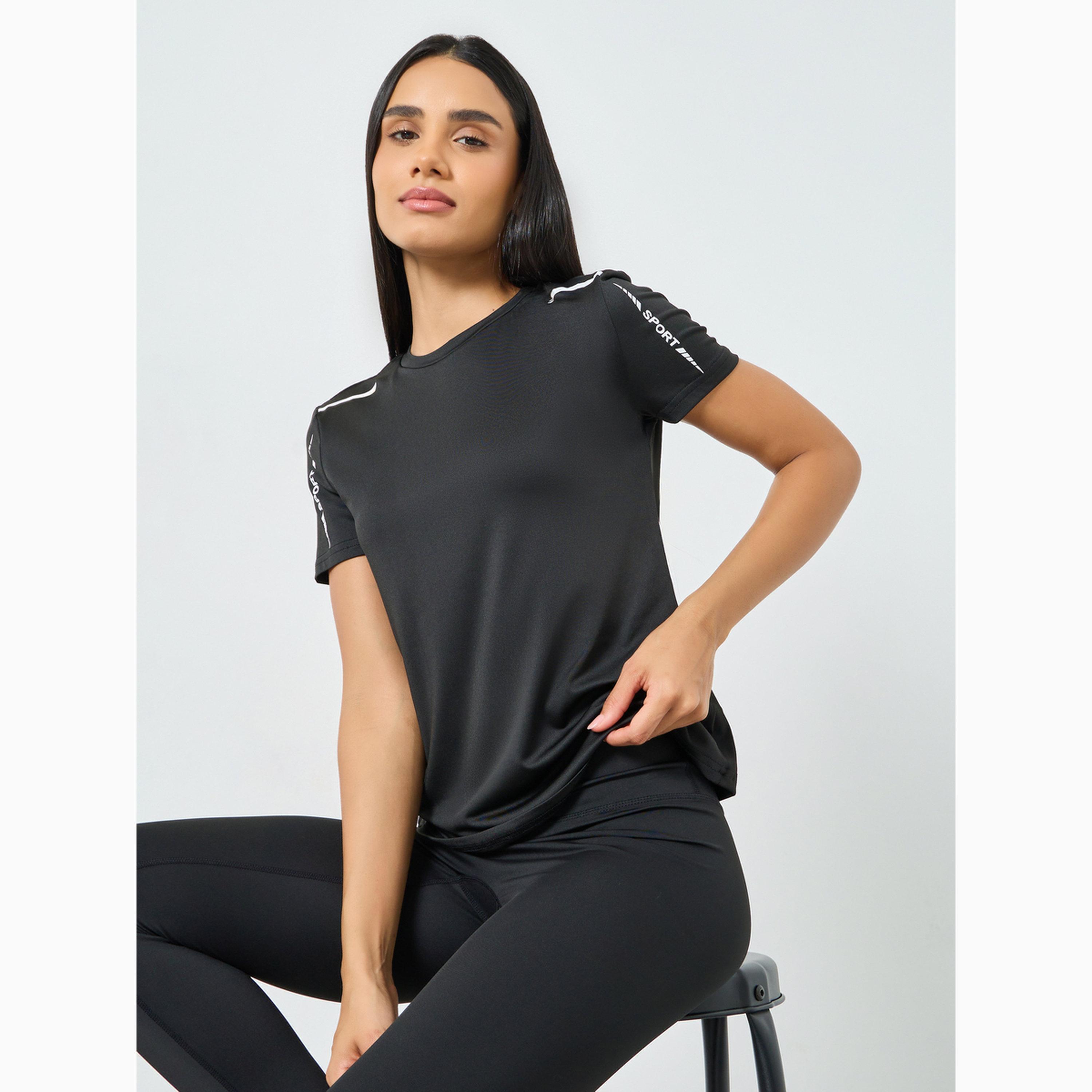 Styli Black Shoulder Reflective Stripe and Text Detail Short Sleeves Top-sports-women-clothing-tshirtsandvests-image-3