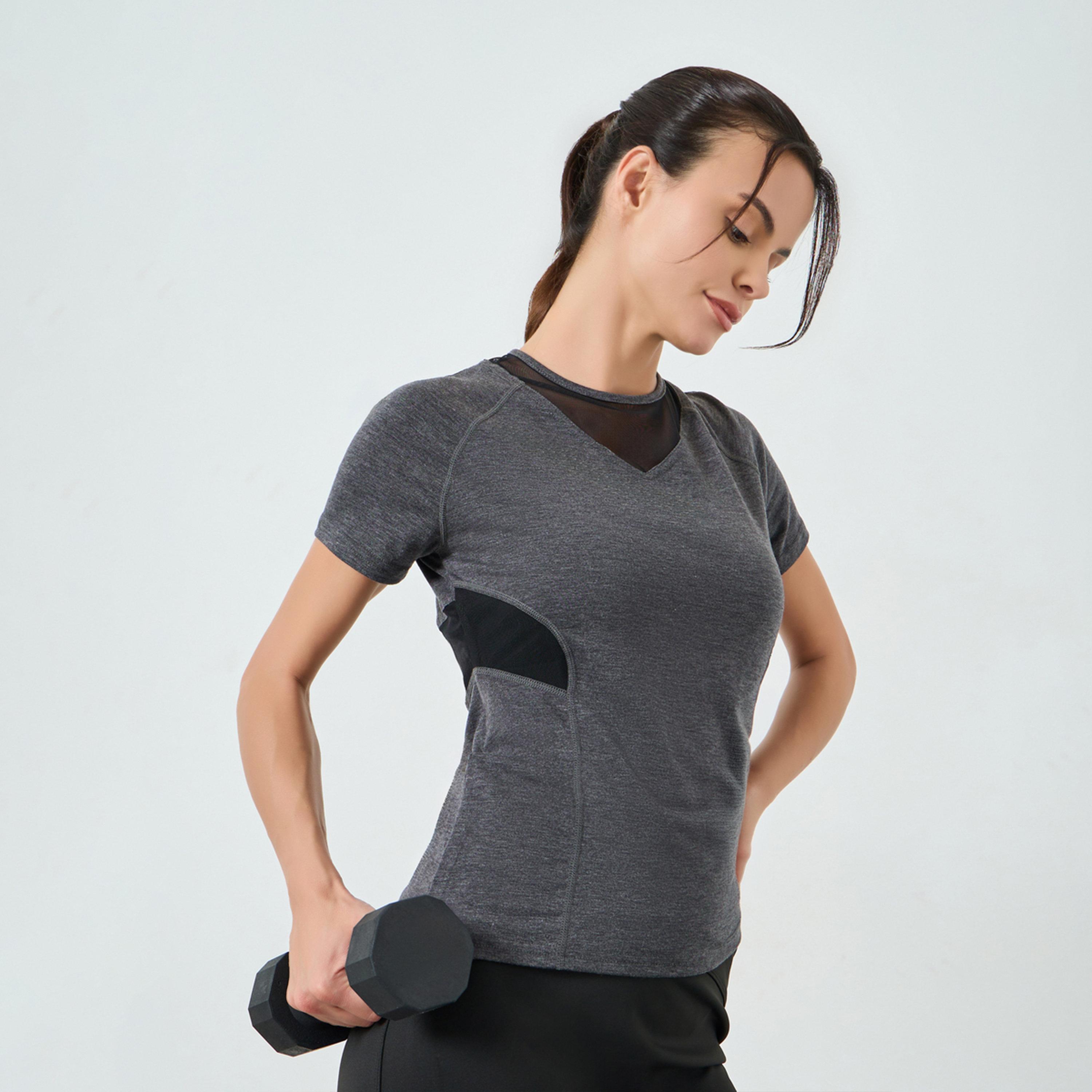 Styli Charcoal Melange Mesh Detail Ruched Back Short Sleeves Top-sports-women-clothing-tshirtsandvests-image-1