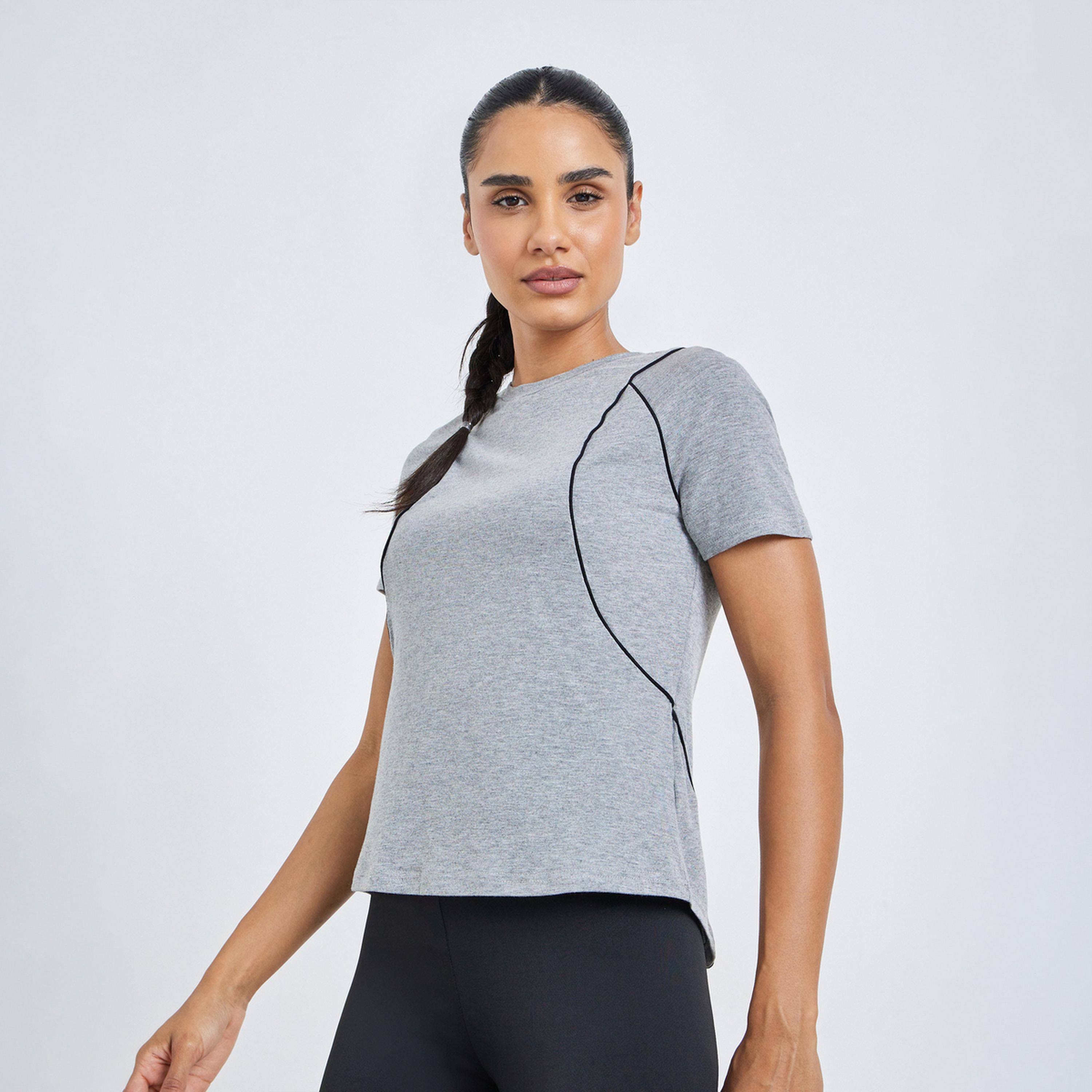 Styli Grey Melange Contrast Seam Detail Top-women-clothing-tshirts-image-1