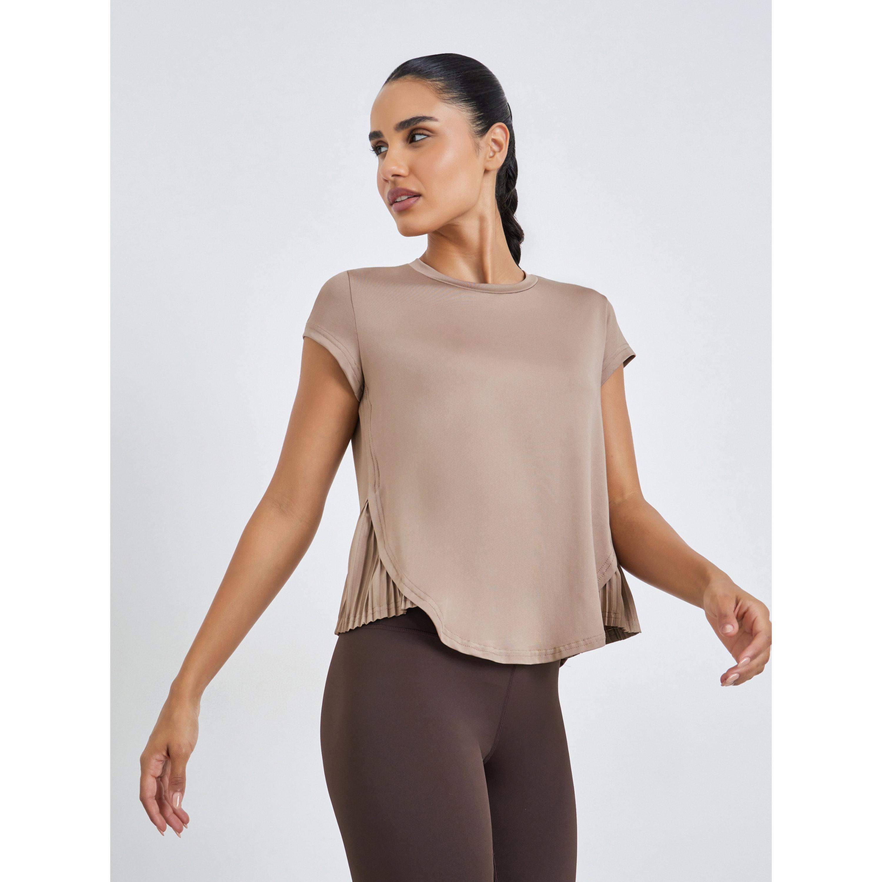 Styli Beige Short Sleeve Top with Pleated Hem-sports-women-clothing-tshirtsandvests-image-1