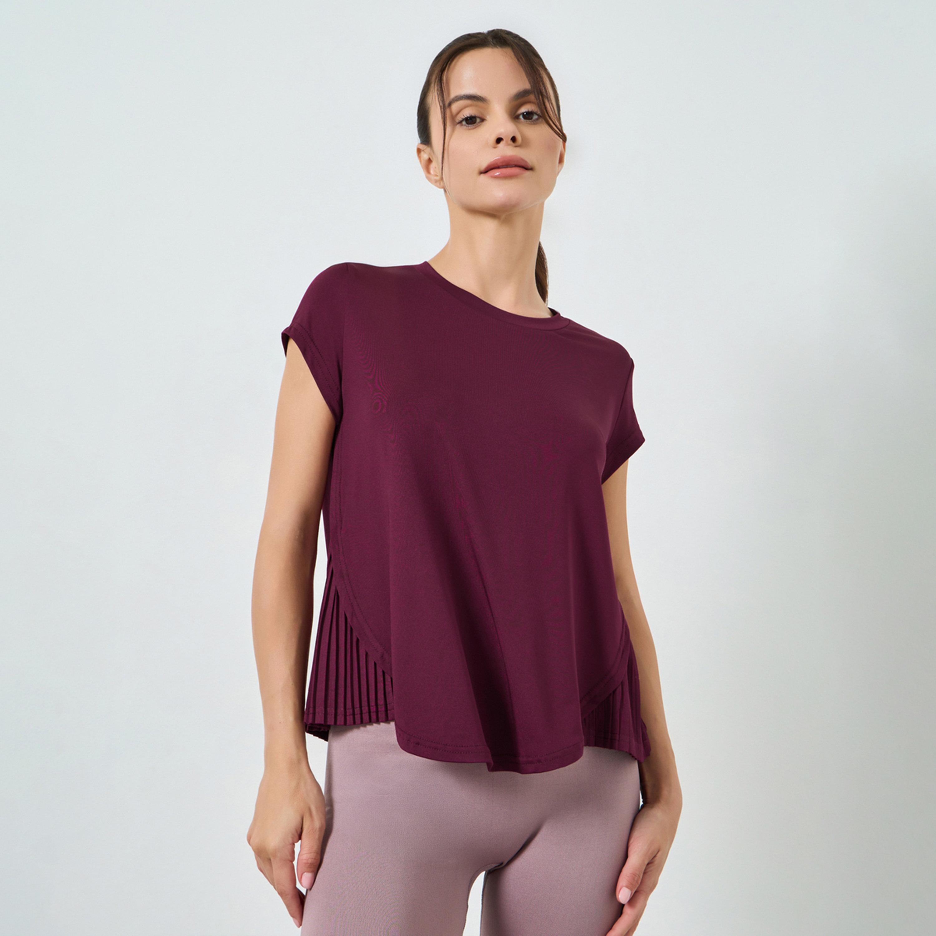 Styli Burgundy Pleated Side Curved Hem Short Sleeves Top-sports-women-clothing-tshirtsandvests-image-1
