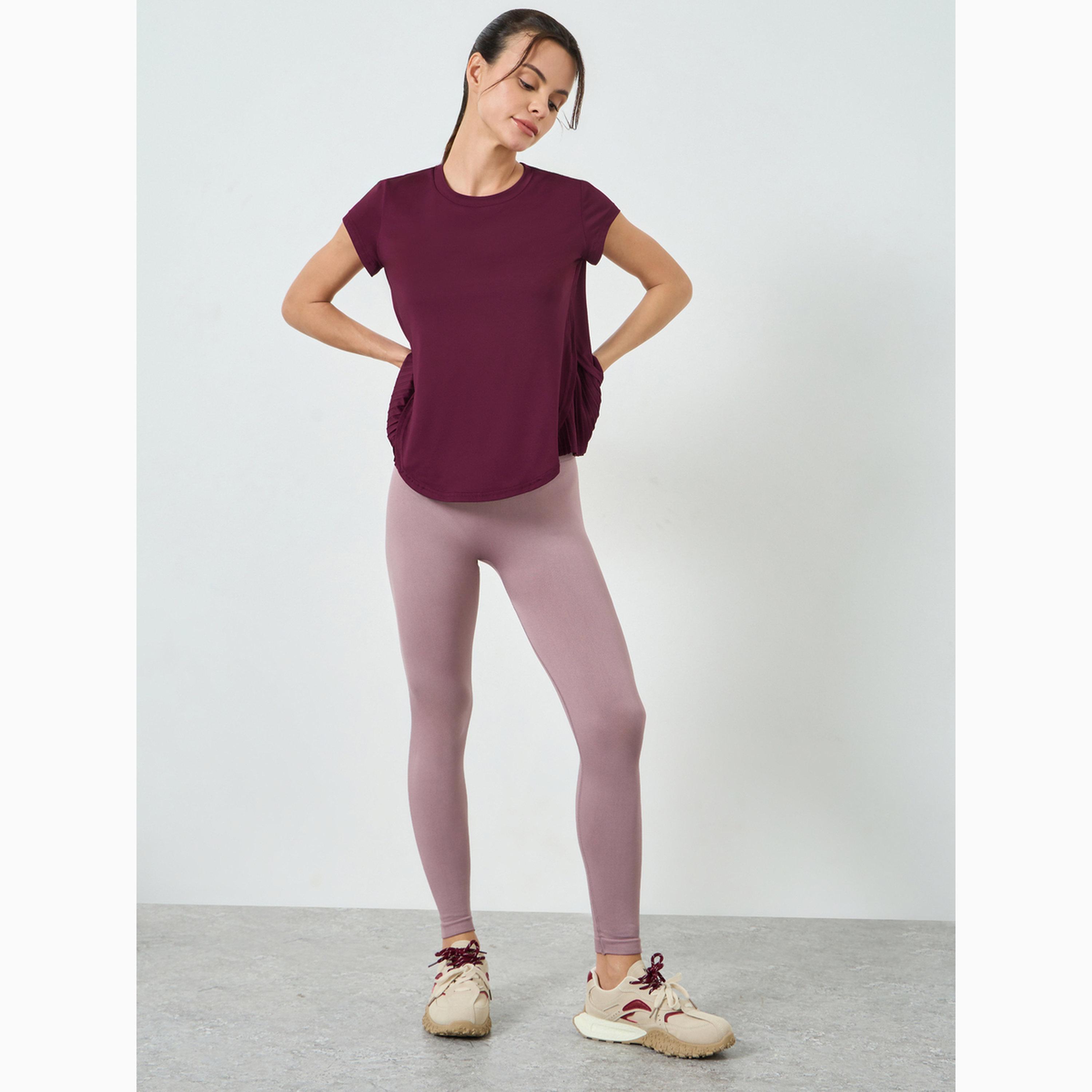 Styli Burgundy Pleated Side Curved Hem Short Sleeves Top-sports-women-clothing-tshirtsandvests-image-2