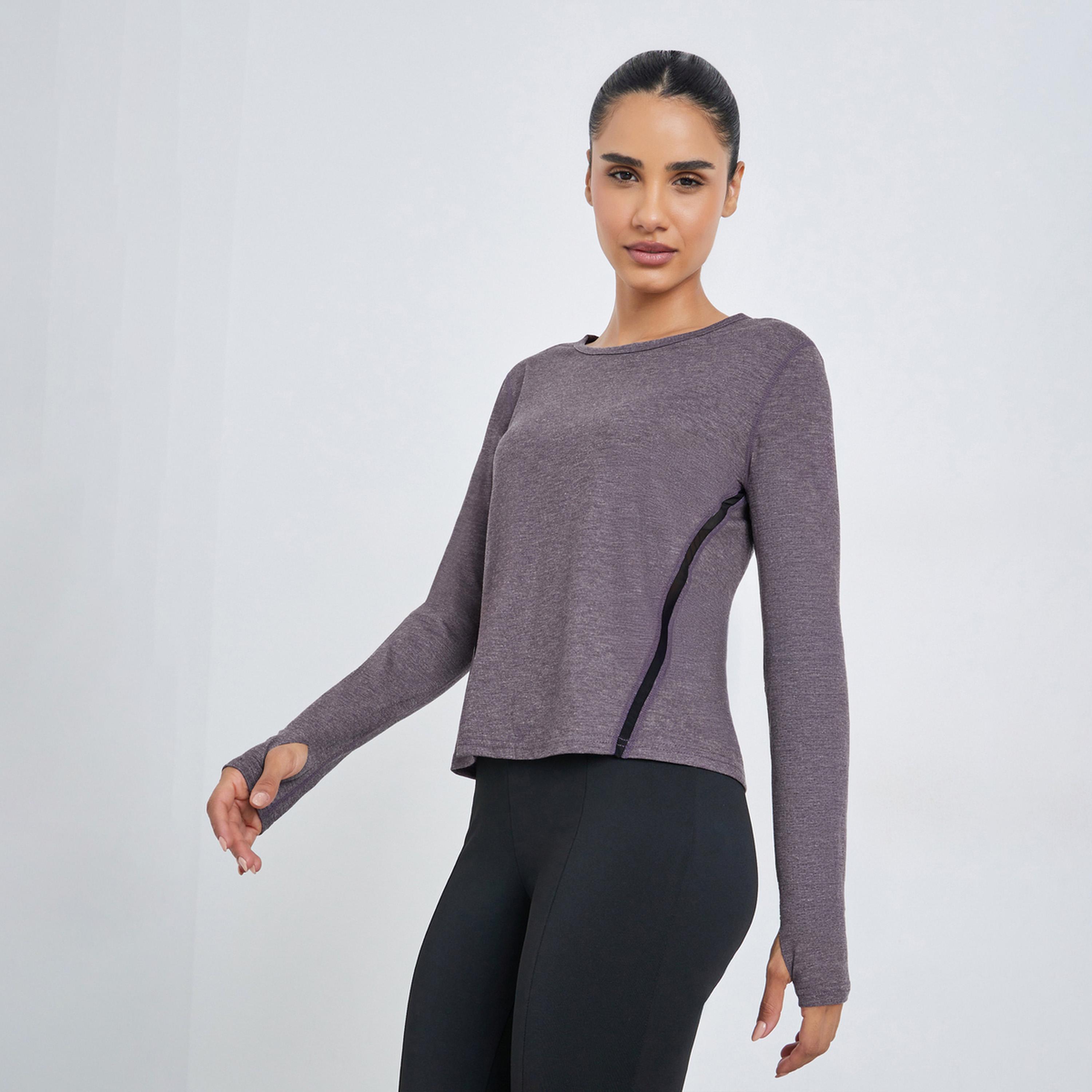 Styli Brown Melange Side Mesh Detail Long Sleeves Top-sports-women-clothing-tshirtsandvests-image-1