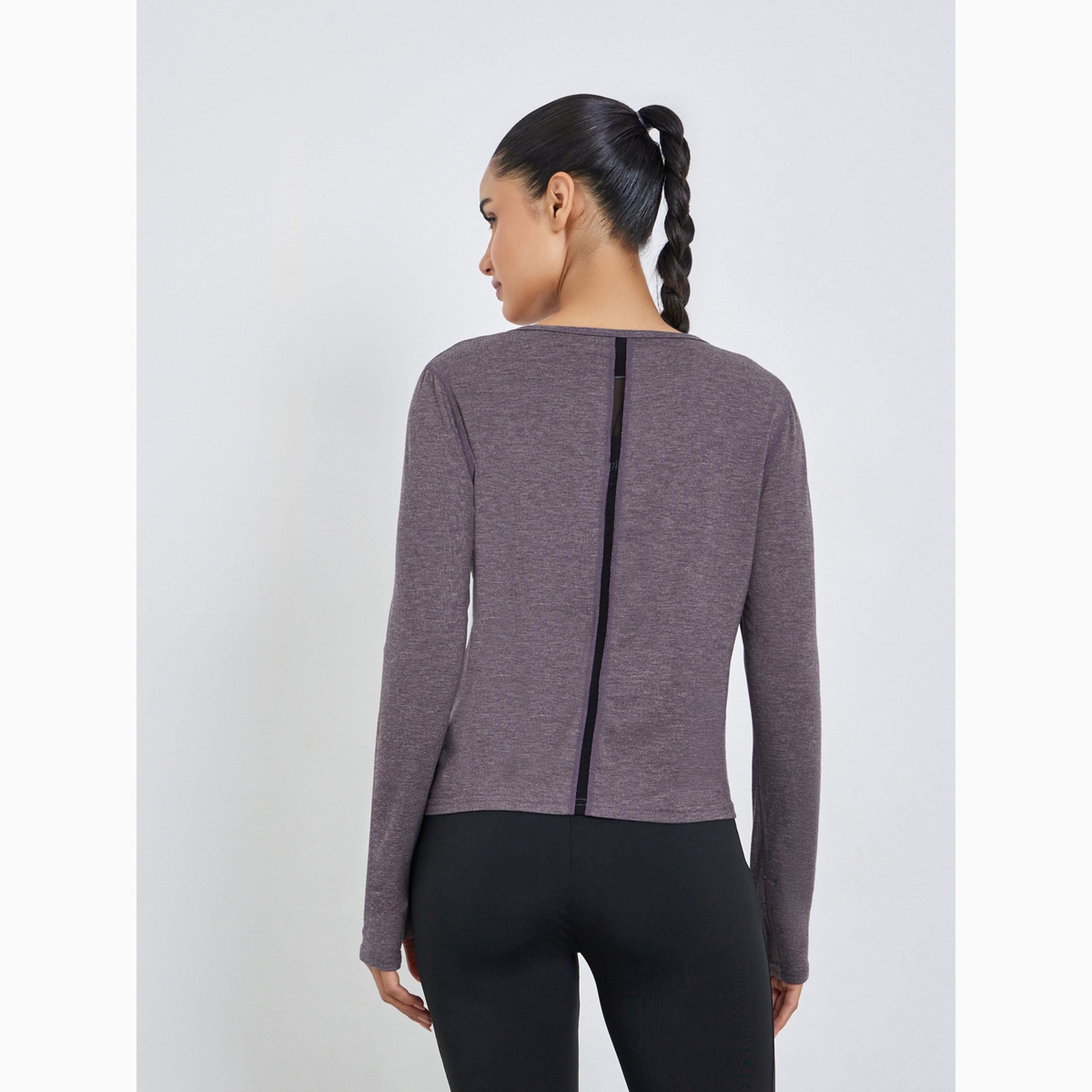 Styli Brown Melange Side Mesh Detail Long Sleeves Top-sports-women-clothing-tshirtsandvests-image-3