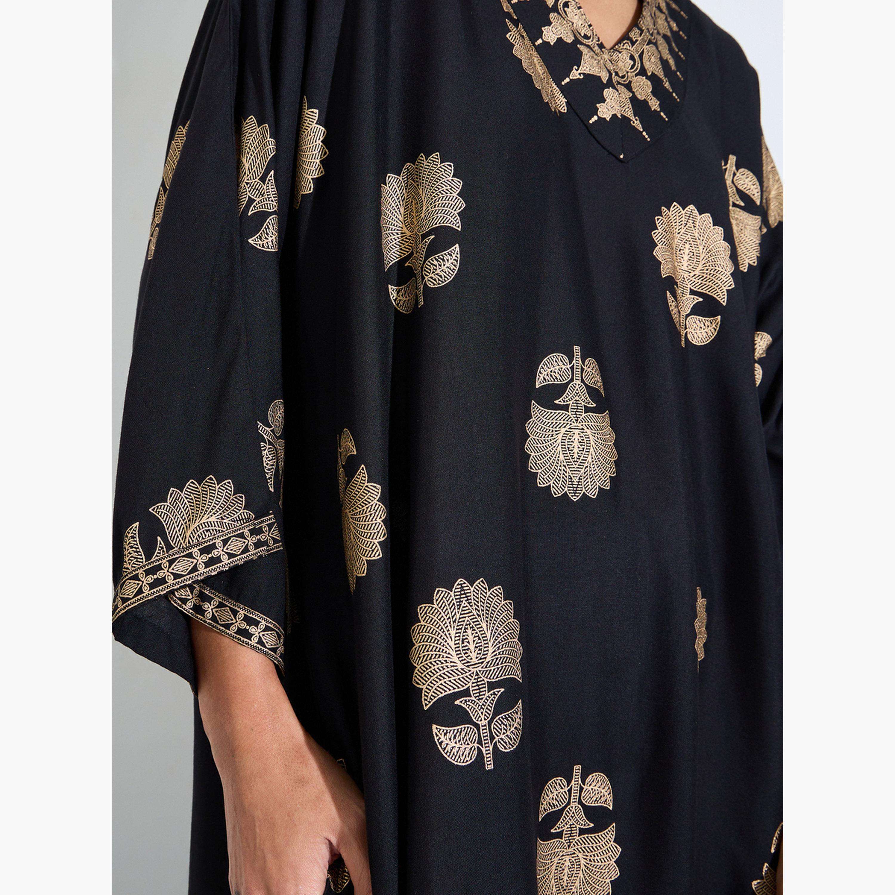 اميرة × ستايلي - جلابية بأكمام كيمونو مطبوعة برقائق معدنية سوداء-women-arabicclothing-jalabiyas-image-5