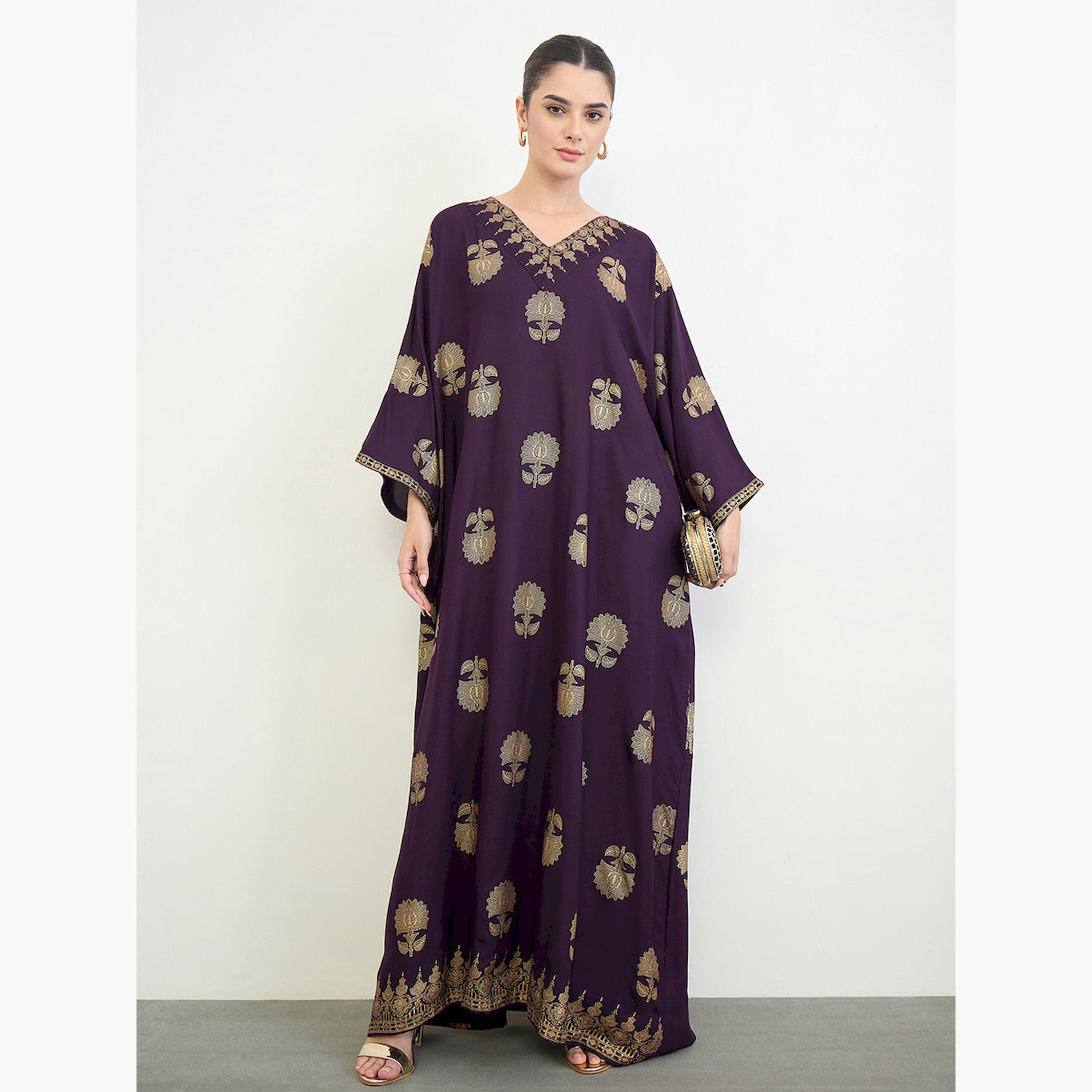 Amirah X Styli Purple Foil Print Kimono Sleeves Jalabiya-women-arabicclothing-jalabiyas-image-1