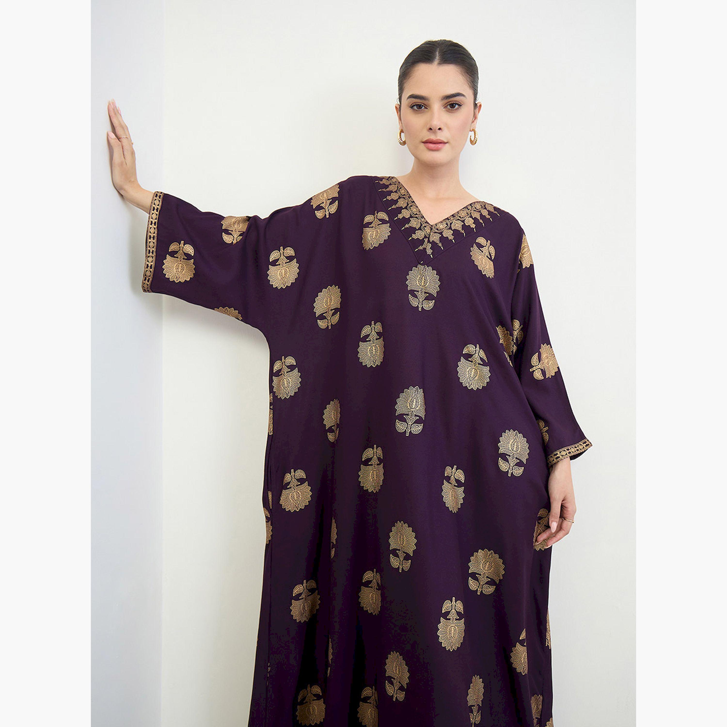 Amirah X Styli Purple Foil Print Kimono Sleeves Jalabiya-women-arabicclothing-jalabiyas-image-2