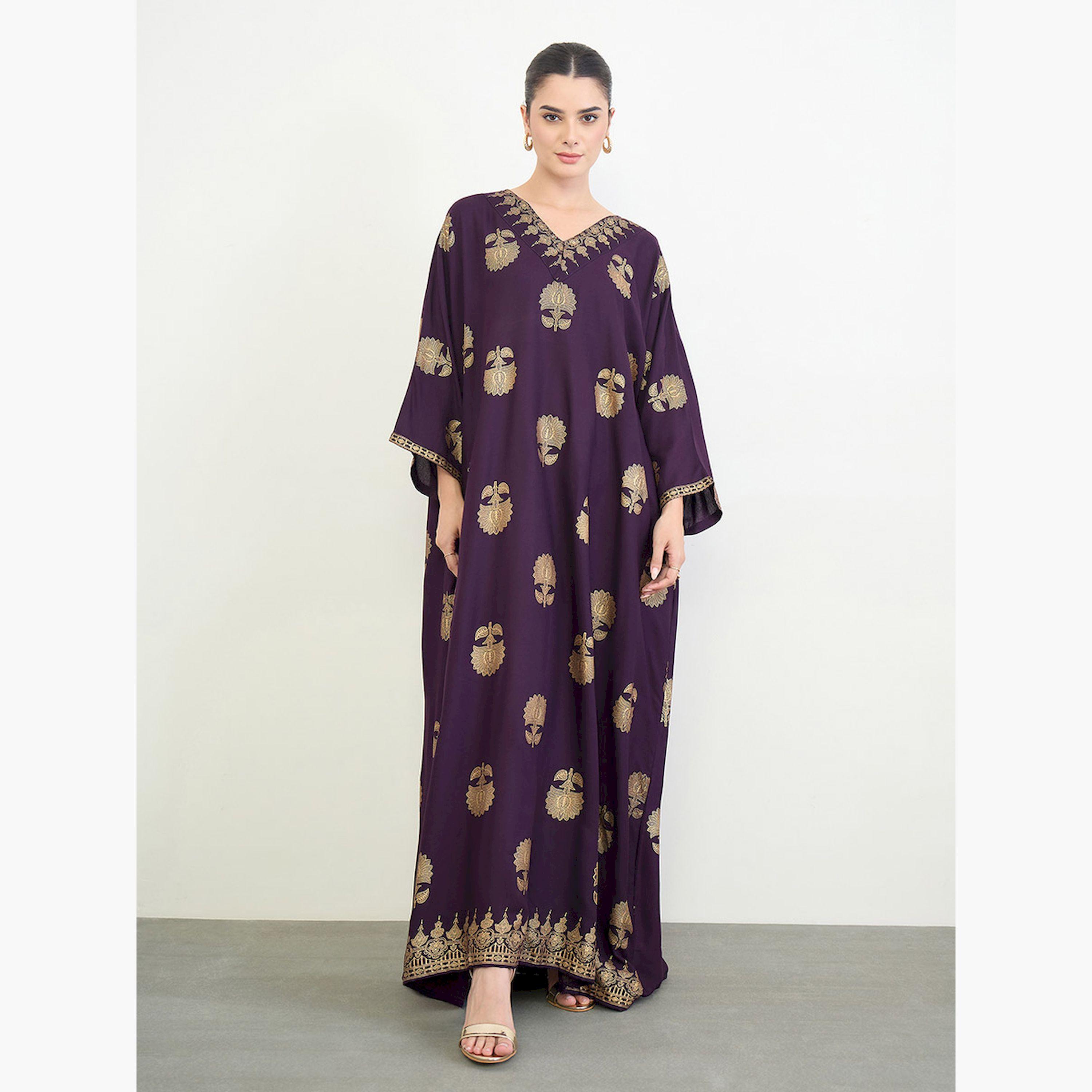 Amirah X Styli Purple Foil Print Kimono Sleeves Jalabiya-women-arabicclothing-jalabiyas-image-3